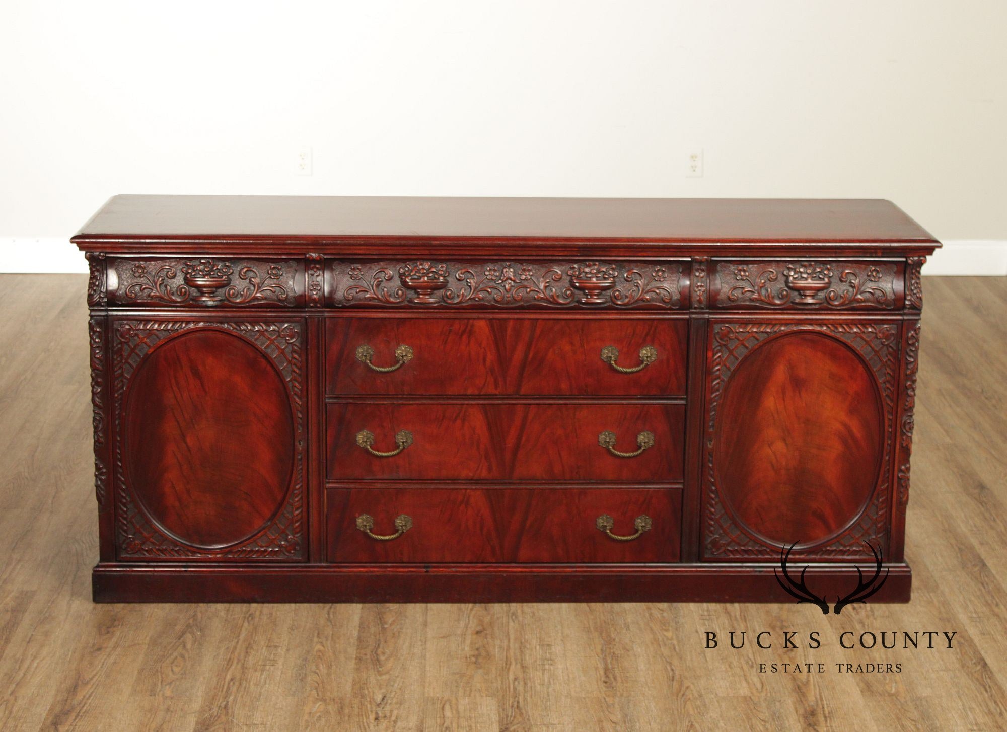 1940's Vintage Georgian Style Carved Mahogany Sideboard Buffet