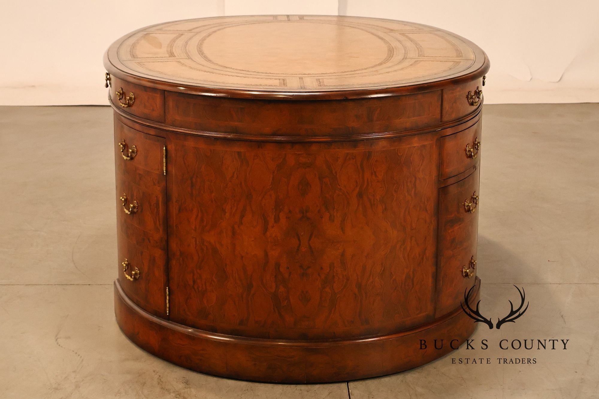 Maitland-Smith Oval Burl Wood Leather Top Partner Desk with Brass Hardware