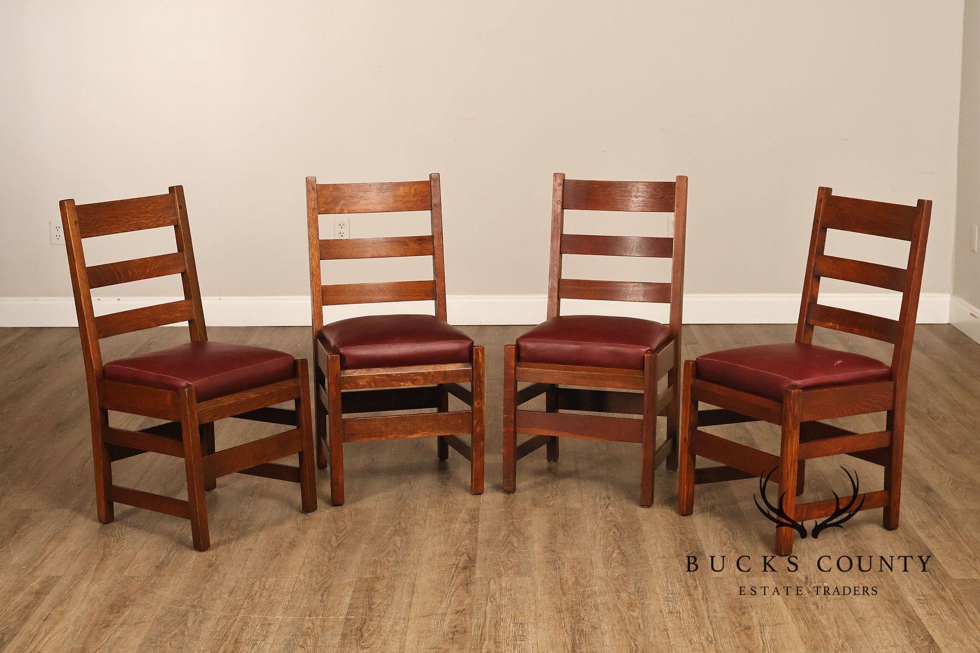 Antique L. & J. G. Stickley Set Of Four Oak Ladder Back Dining Chairs #800