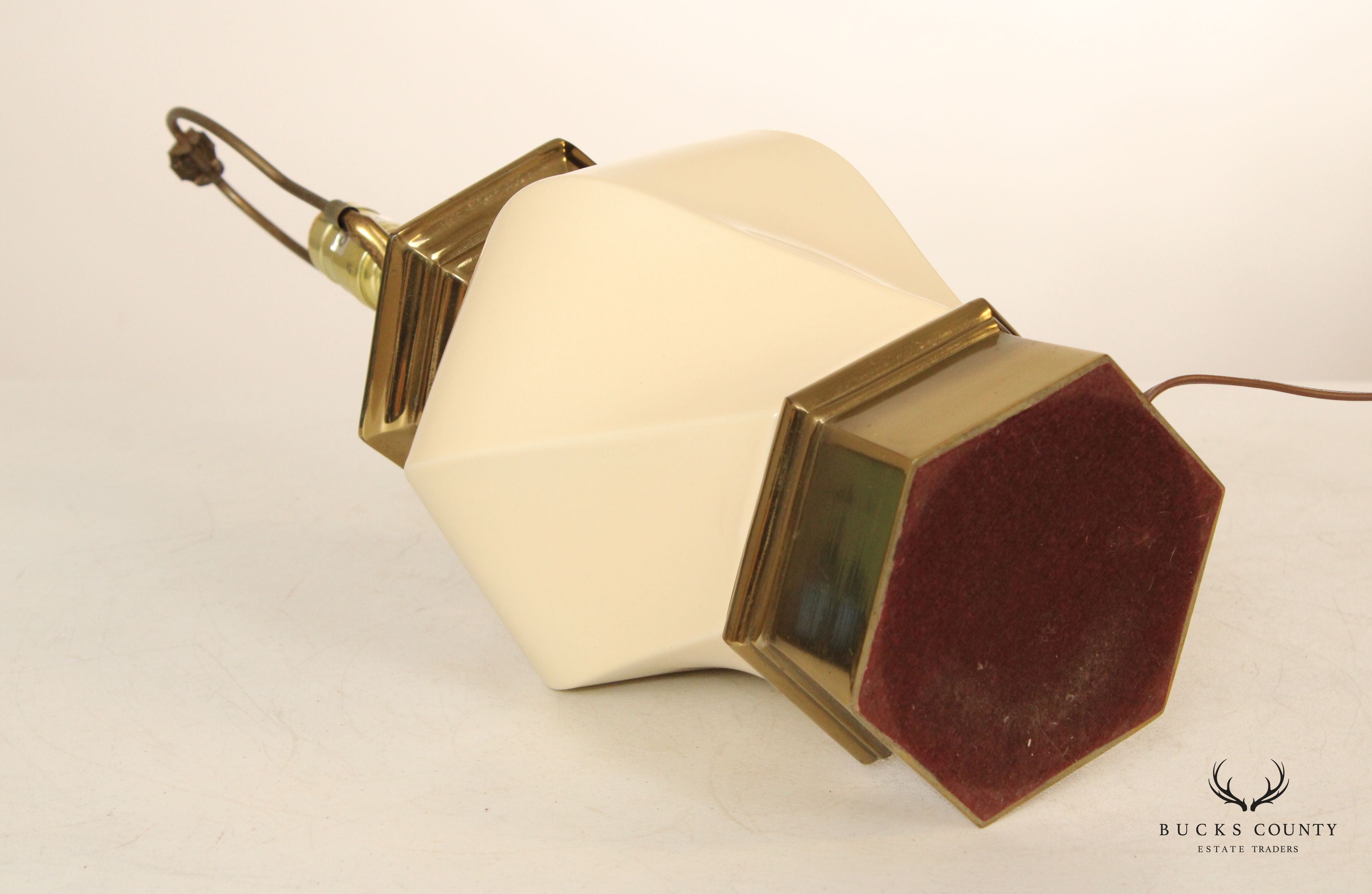 STIFFEL BRASS AND CERAMIC PAIR OF VINTAGE HEXAGONAL TABLE LAMPS