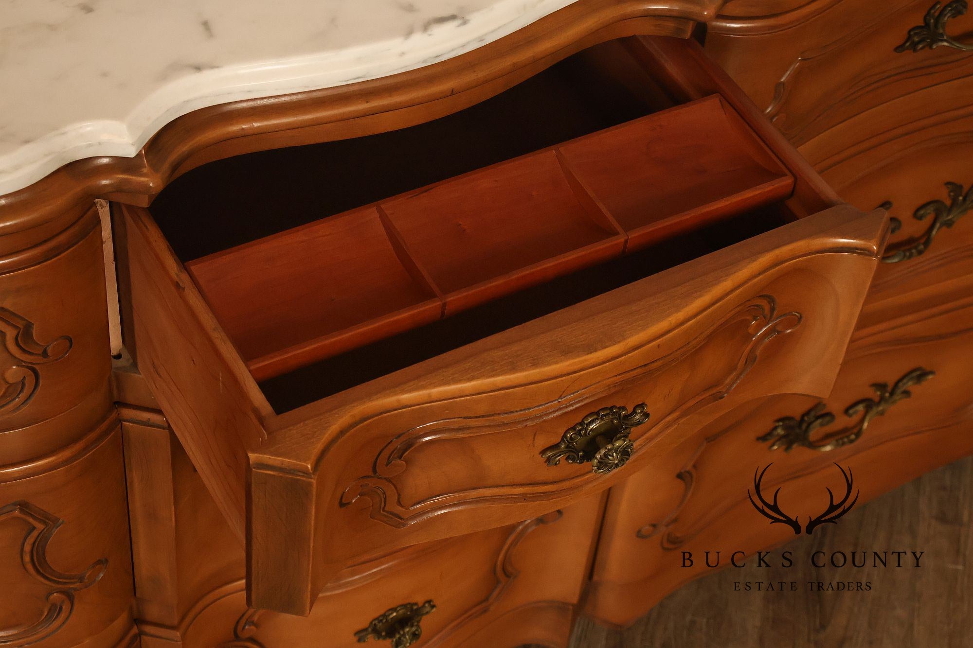 French Provincial Style Marble Top Nine Drawer Dresser
