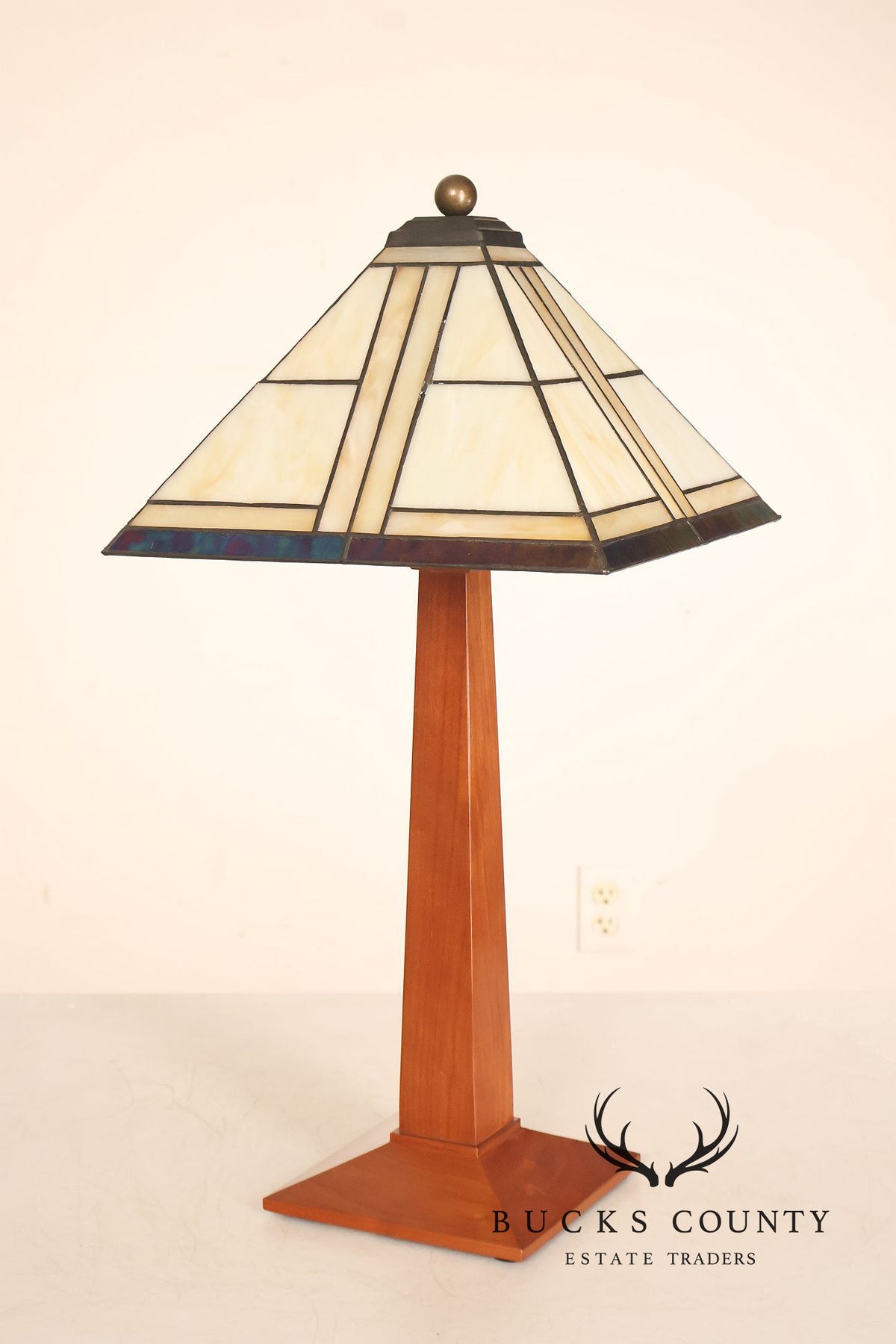 Stickley Stained Glass Shade Cherry Wood Table Lamp