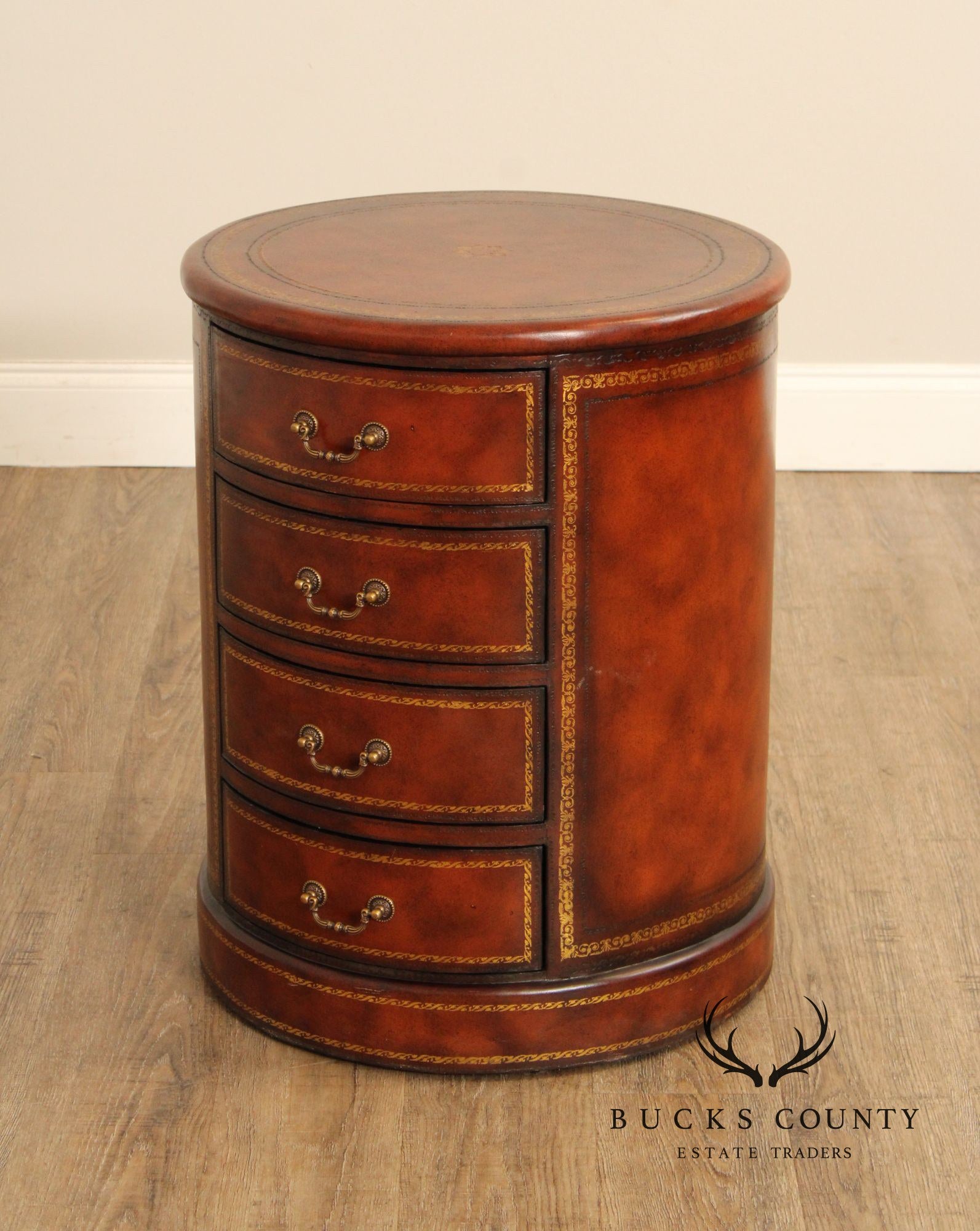 Regency Style Leather Wrapped Drum Table