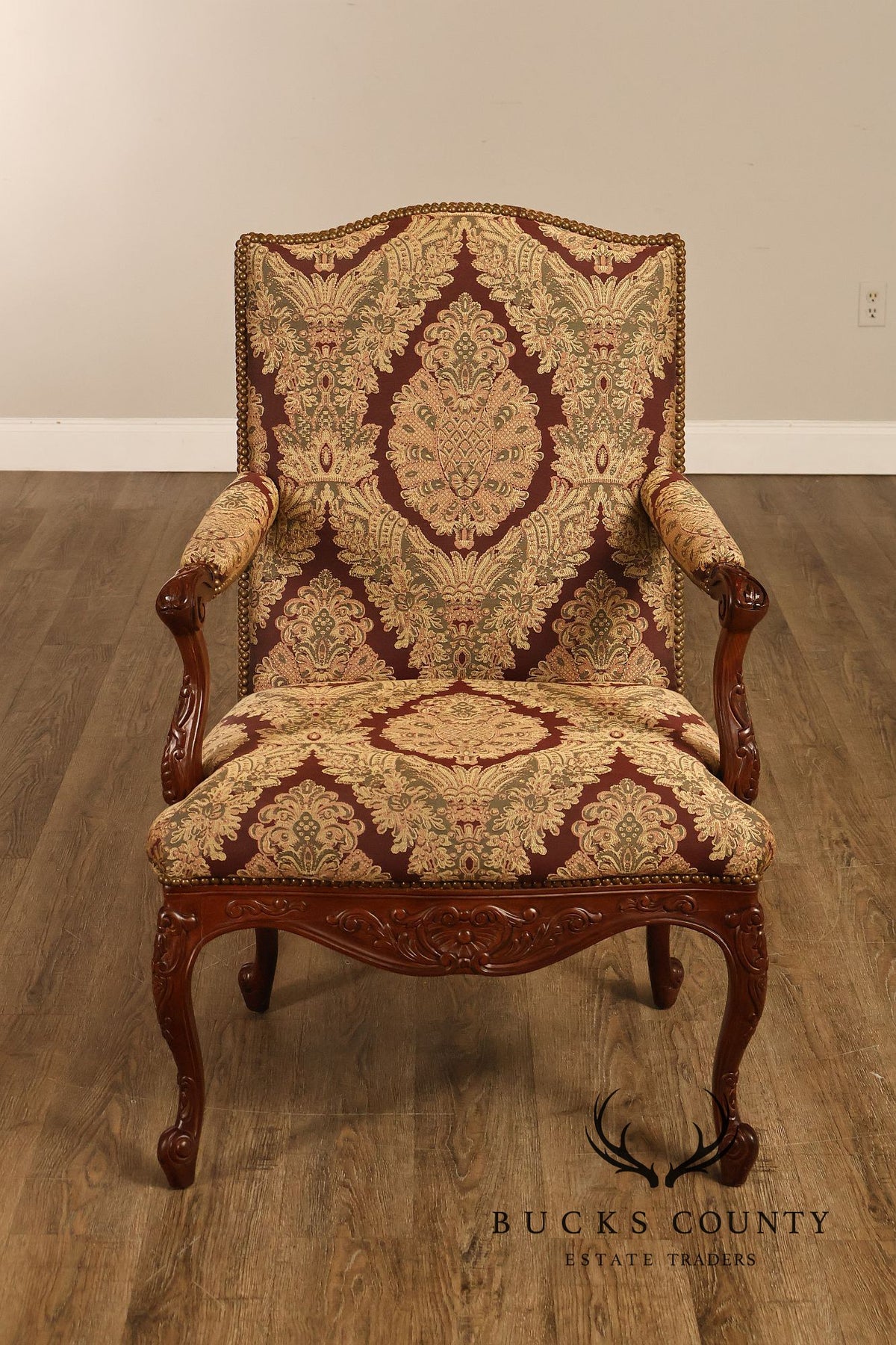 French Louis XV Style Carved Wood Upholstered Armchair