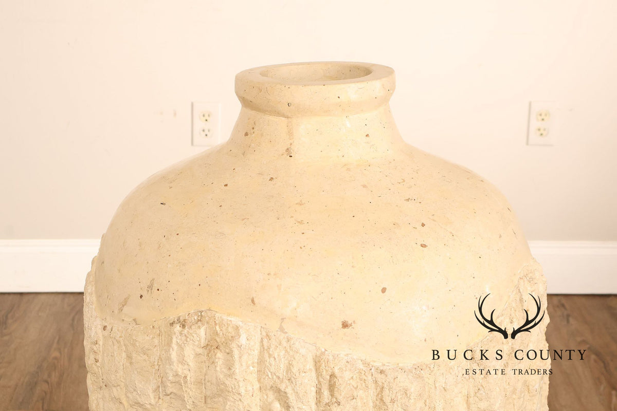 Pair Of Mactan Coral Limestone Tessellated Carved Stone Urns
