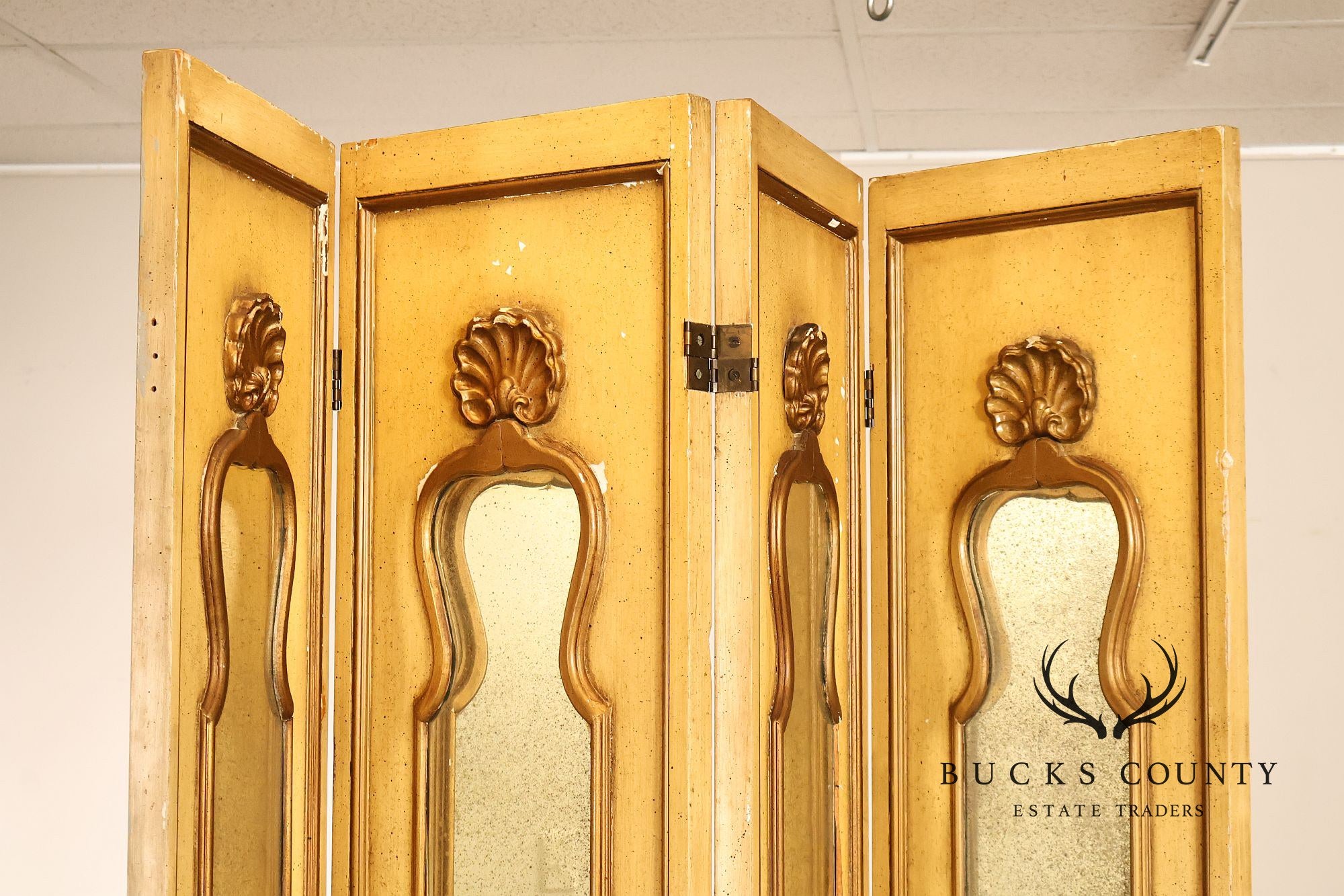 Vintage Rococo Style Painted & Mirrored Four-Panel Folding Screen