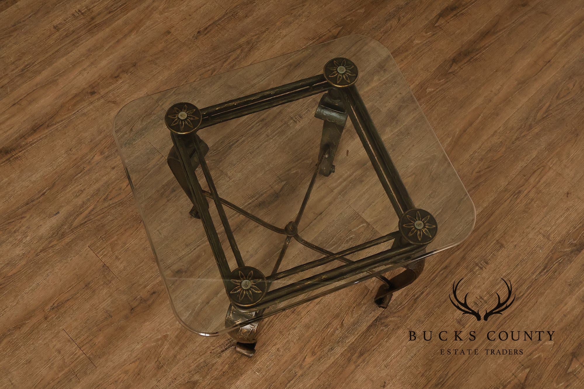 Neoclassical Revival Glass Top Metal Accent Table