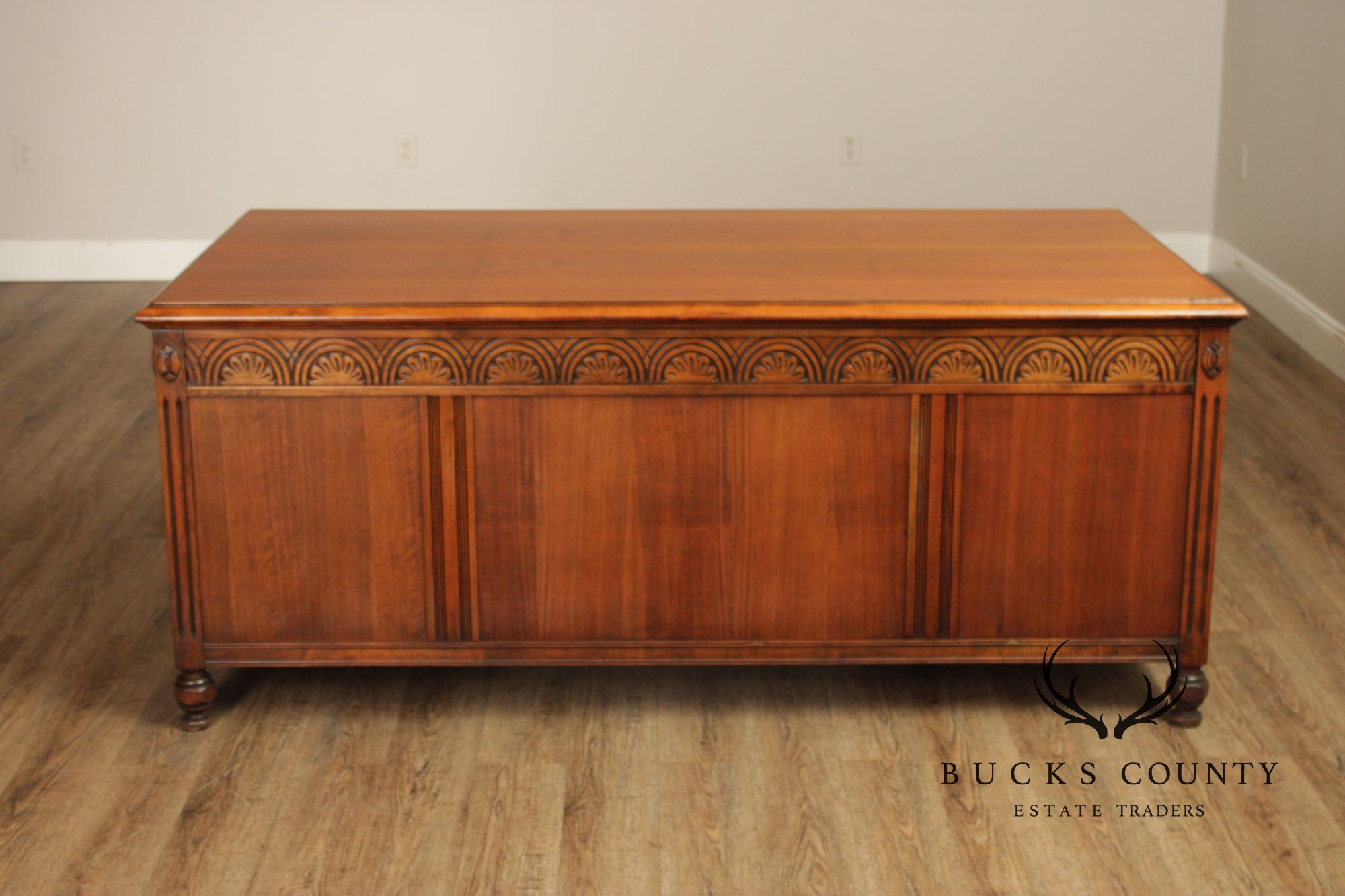 1930 Walnut Carved Pedestal Executive Desk with Pull-Out Writing Slides