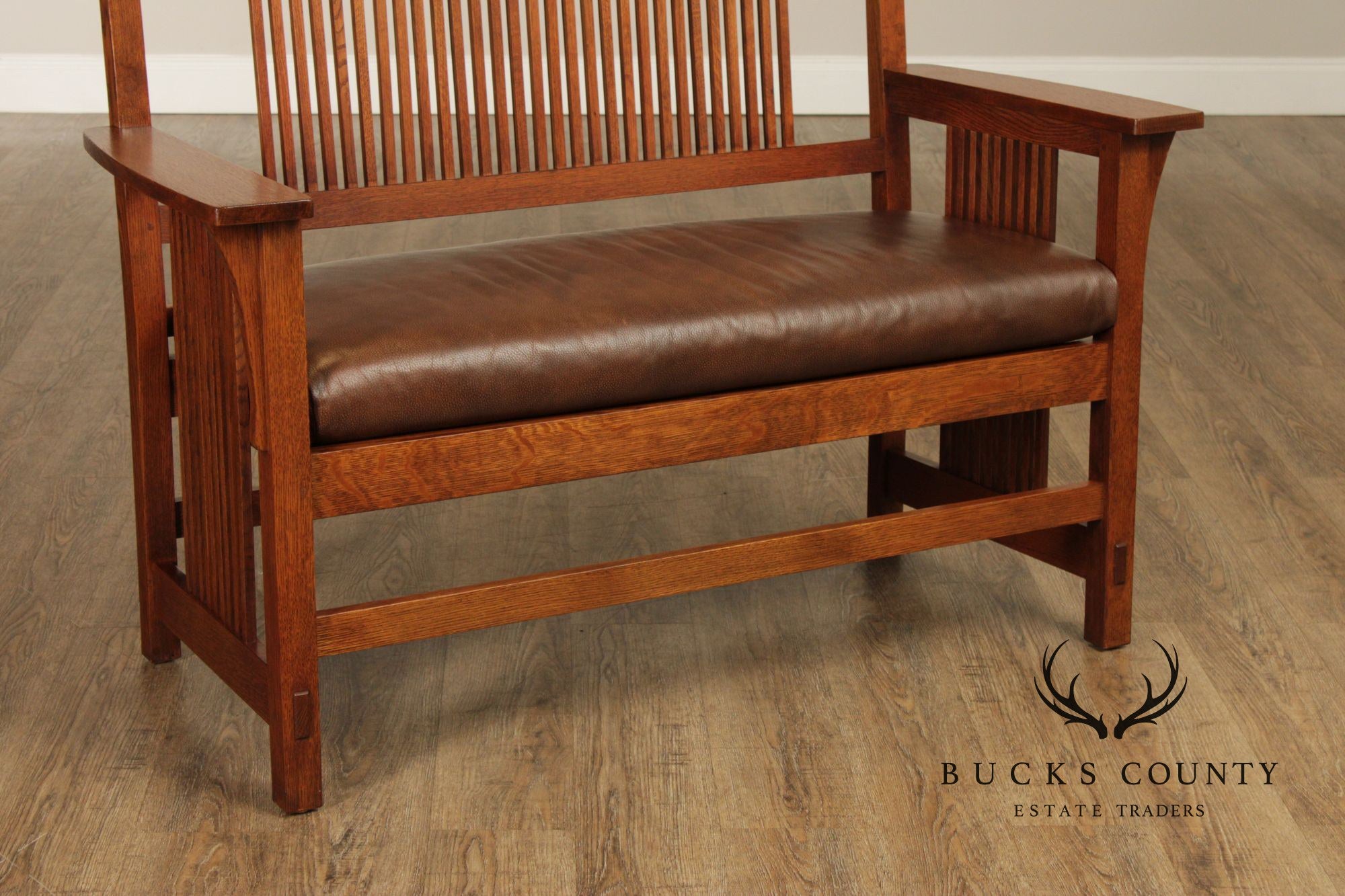 Stickley Mission Collection Oak And Leather Spindle Settee