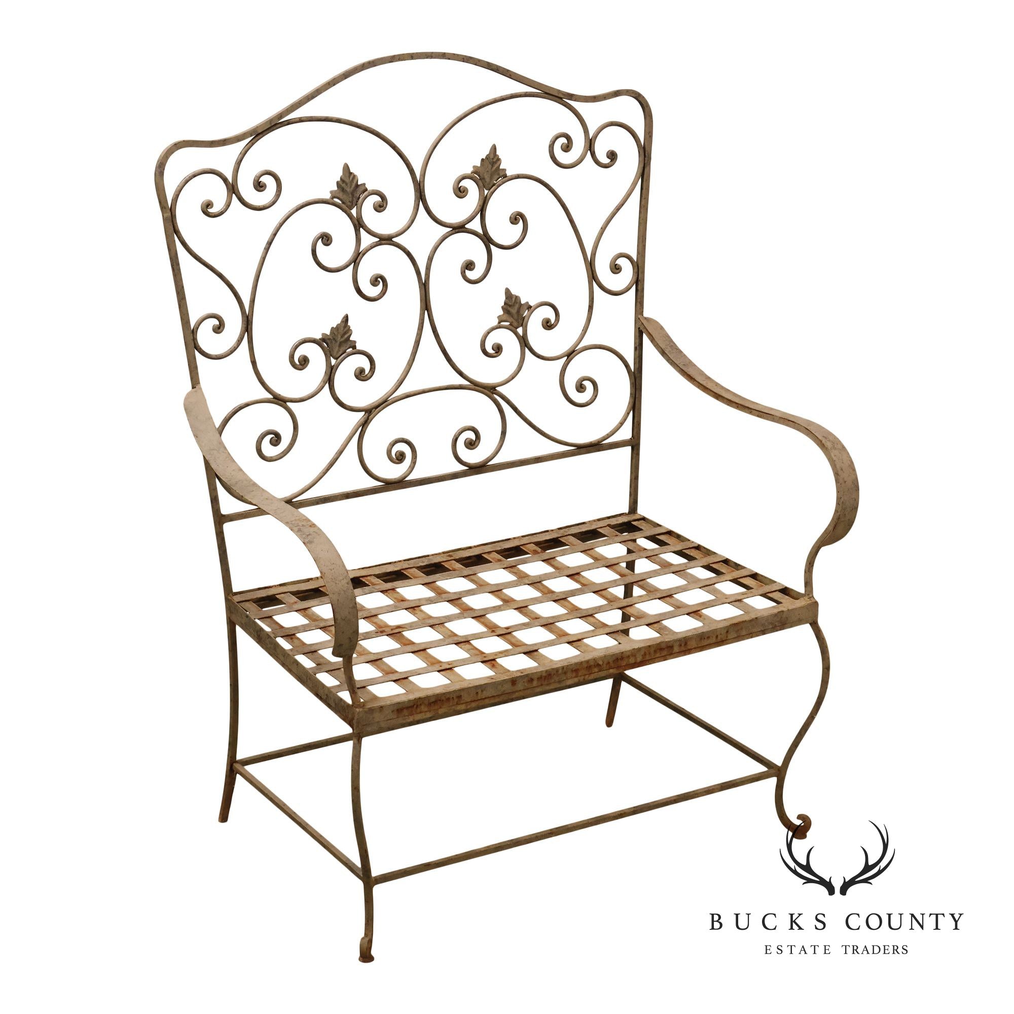 Vintage Wrought Iron Garden Bench With Scrollwork Back