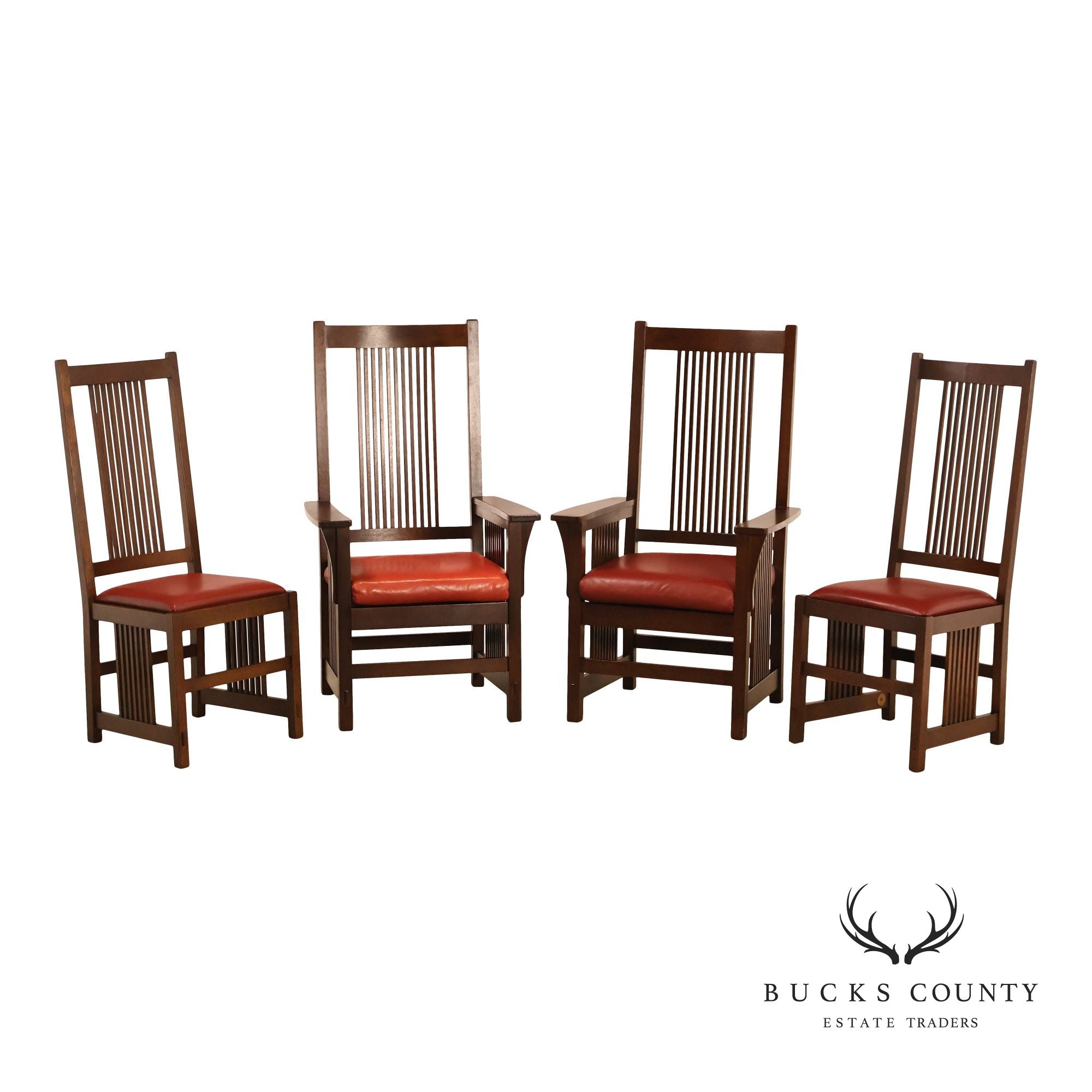 Stickley Mission Collection Set Of Four Oak High Back Spindle Dining Chairs
