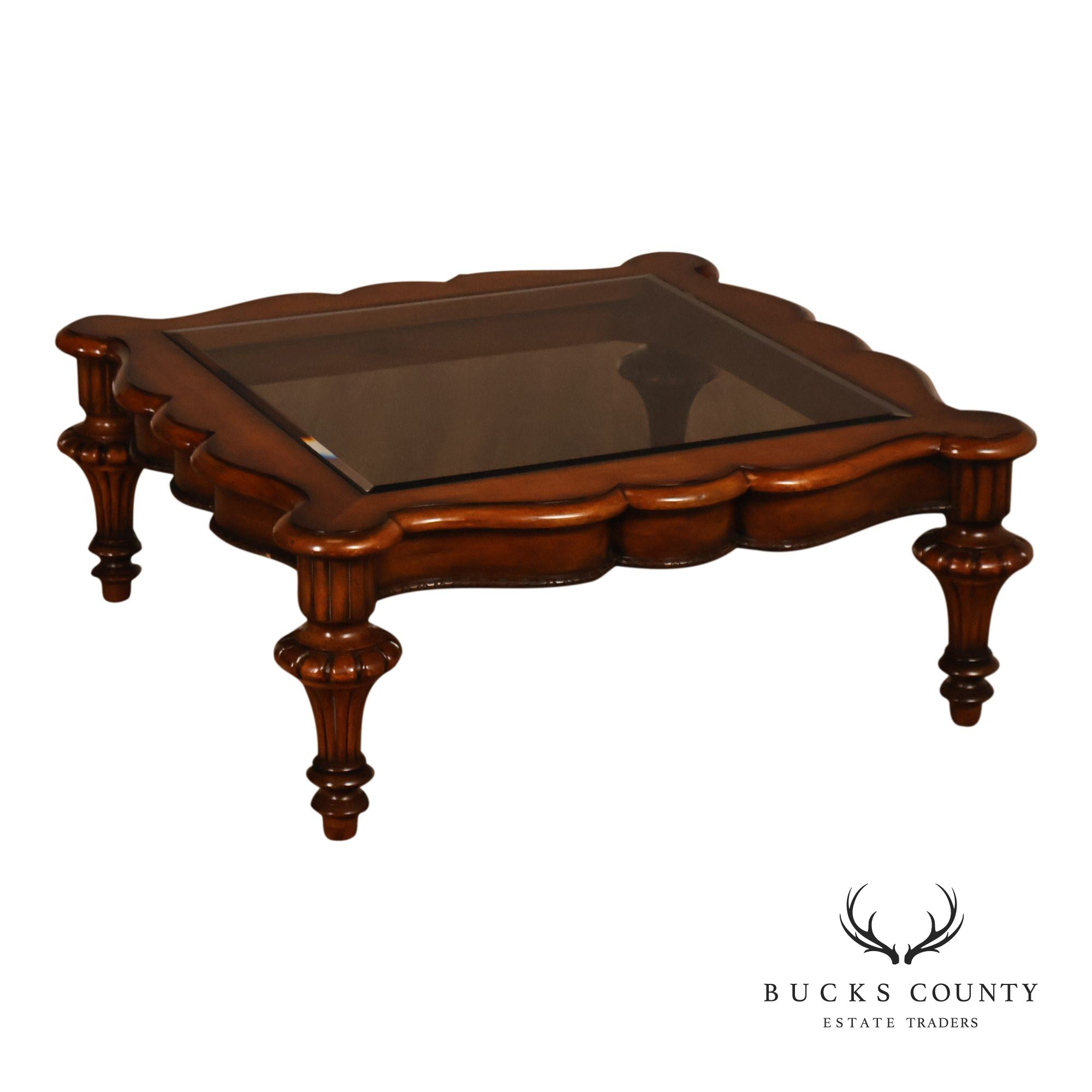 Mediterranean Style Carved Wood And Glass Square Coffee Table