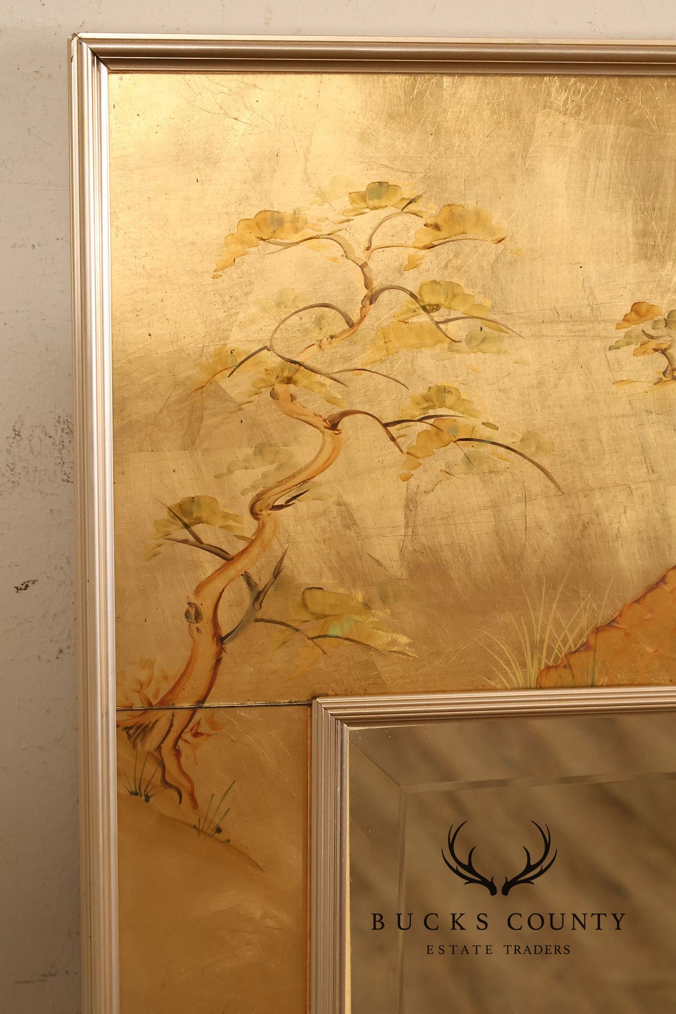 LaBarge Chinoiserie Eglomise Brass Wall Mirror