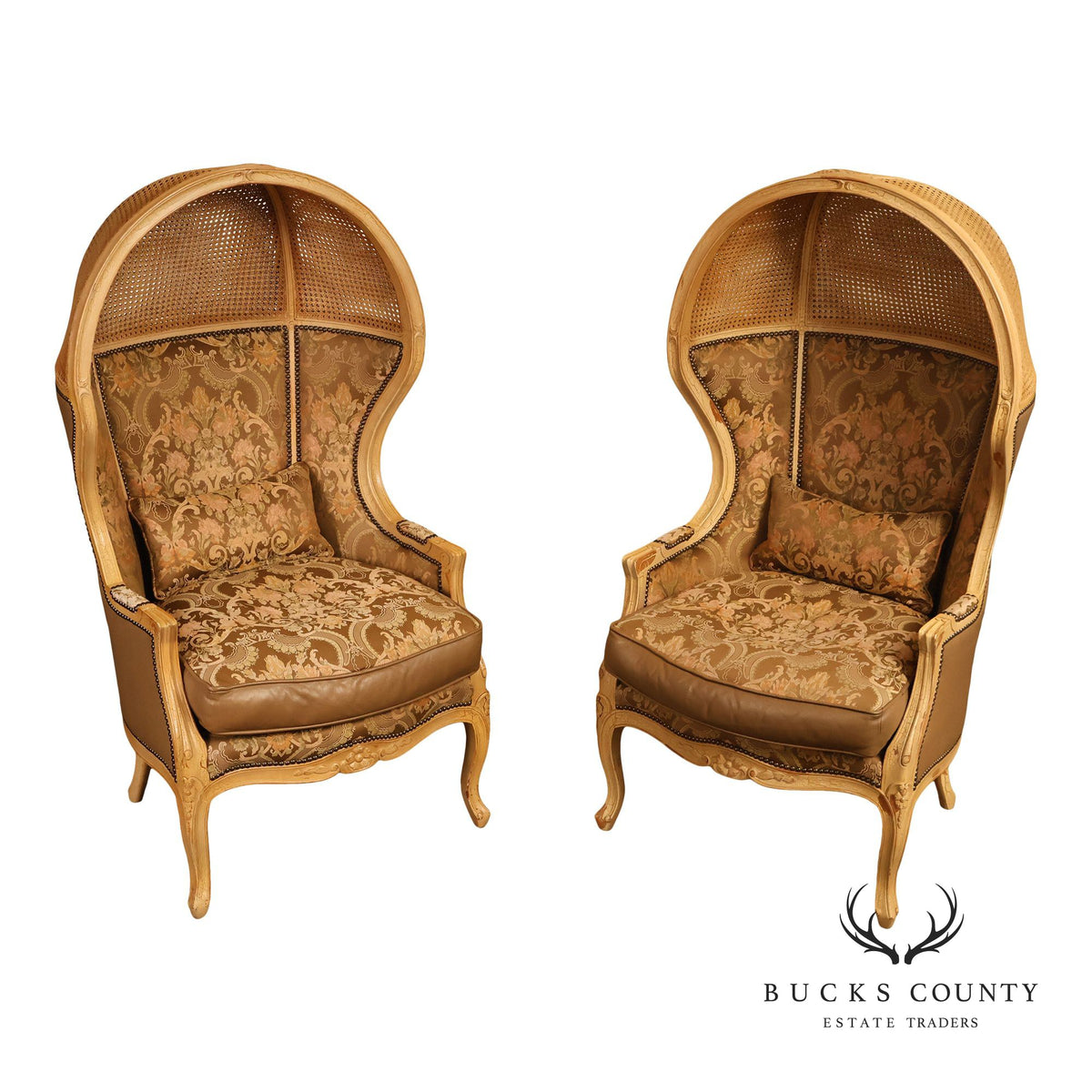 Old Hickory Tannery French Louis XV Style Pair Of Cane And Leather Hooded Porter Chairs