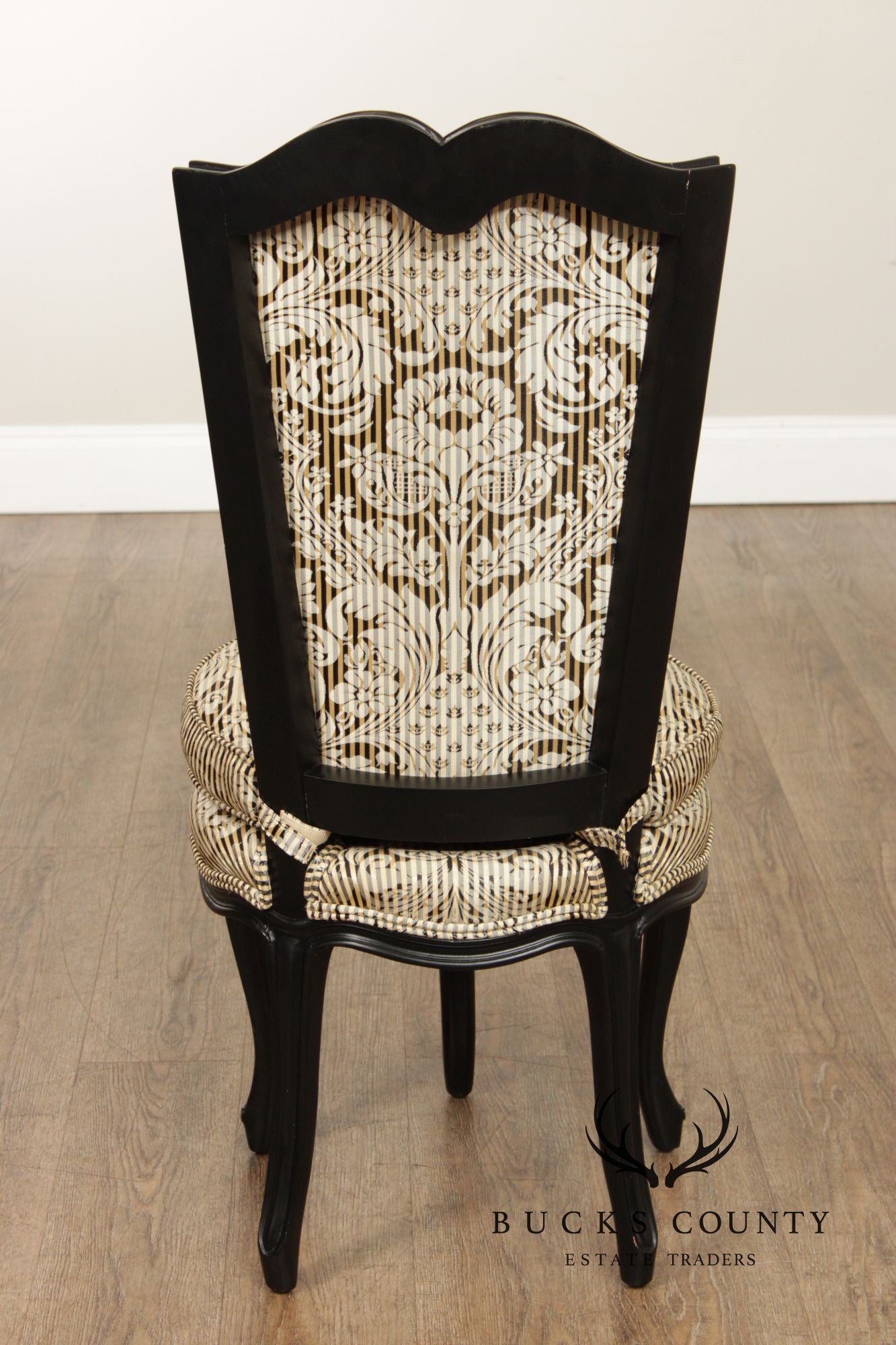 Italian Rococo Style Pair of Ebonized and Partial Gilt Side Chairs