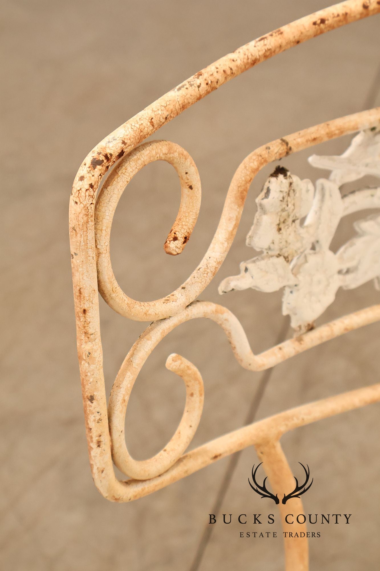 Painted Wrought Iron Set Of Three Garden Chairs With Decorative Backs