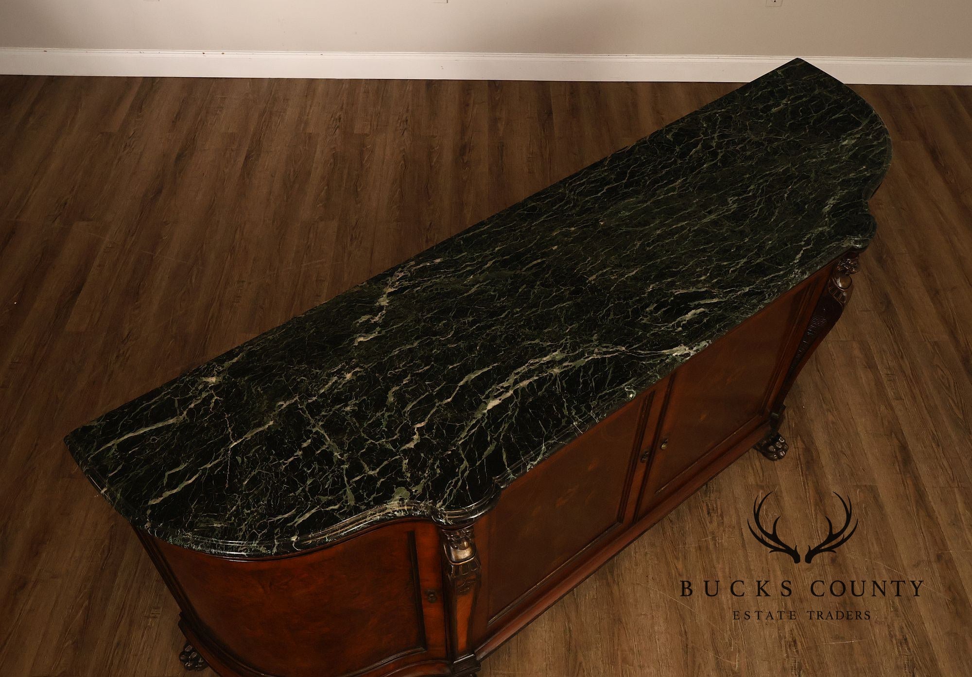 Antique Marble Top Mahogany Inlaid Figural Carved Buffet Sideboard