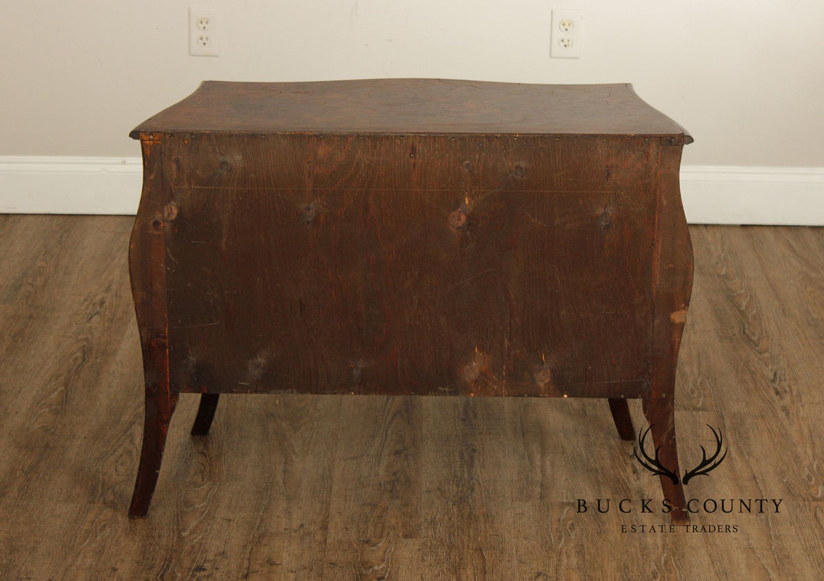 Vintage Louis XV Style Burlwood Bombe Three-Drawer Commode Chest