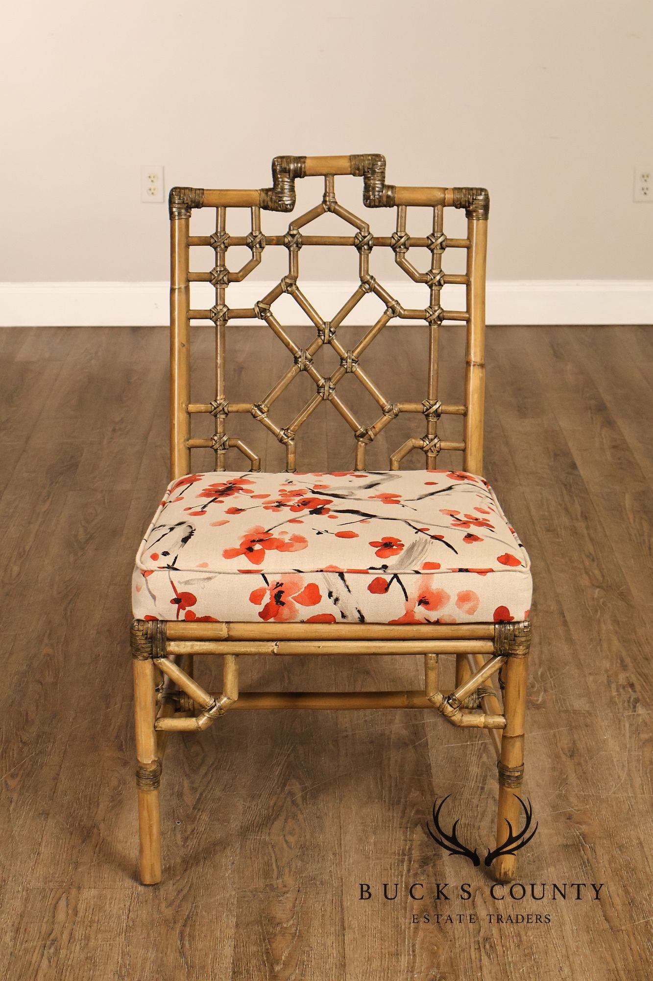 Chinese Chippendale Style Set Of Four Rattan Bamboo Dining Chairs
