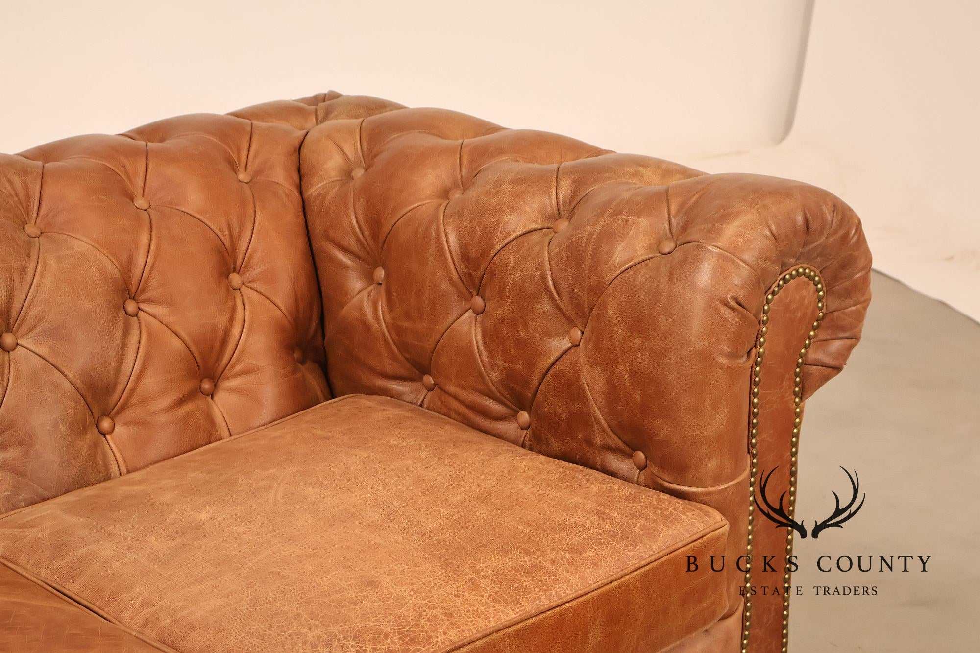 Chesterfield Style 7 Foot Distressed Brown Tufted Leather Sofa