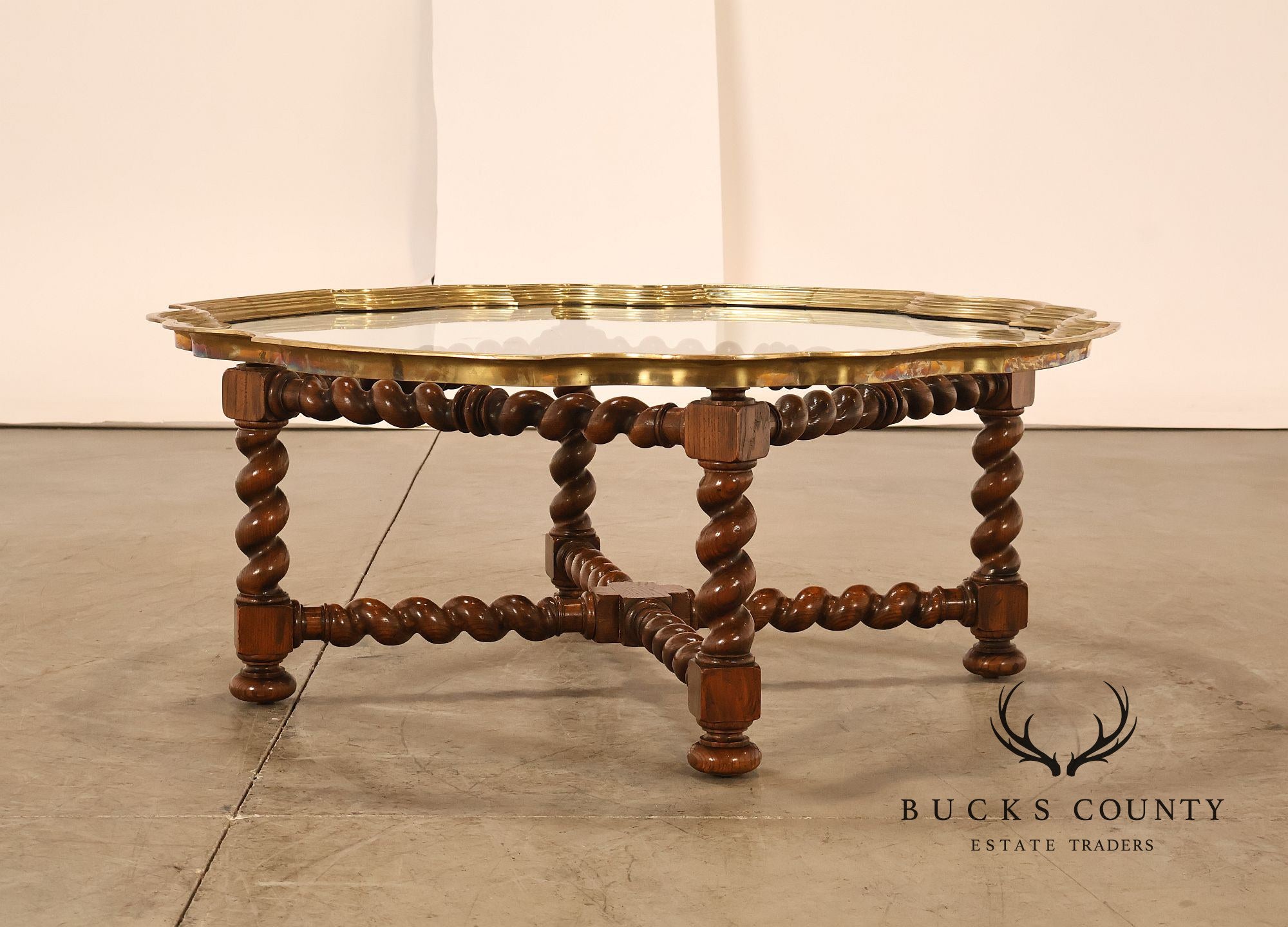 Baker Vintage Oak Barley Twist Scalloped Brass And Glass Top Coffee Table