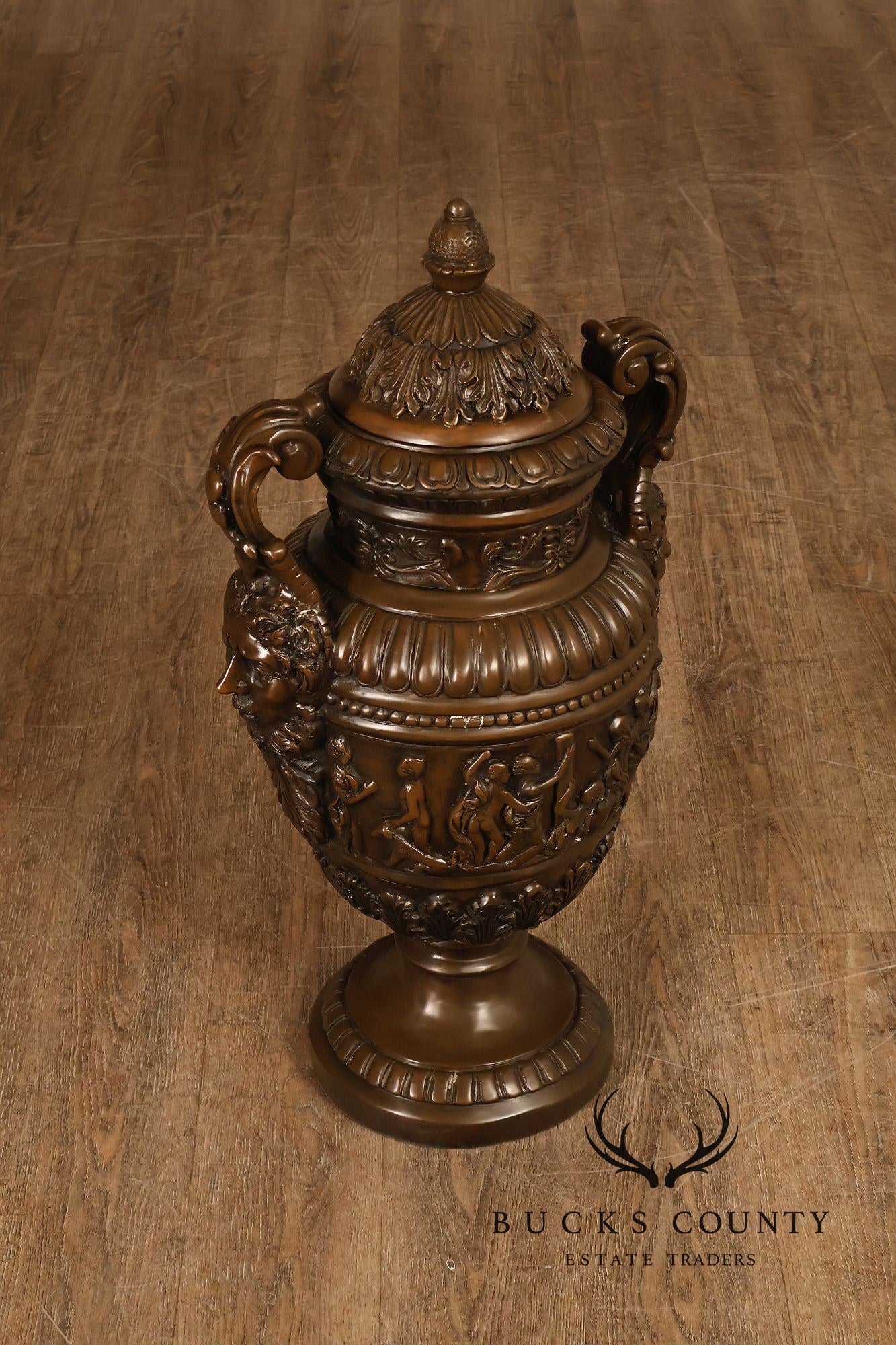 Neoclassical Style Large Pair Of Cast Bronze Covered Urns With Figural Relief