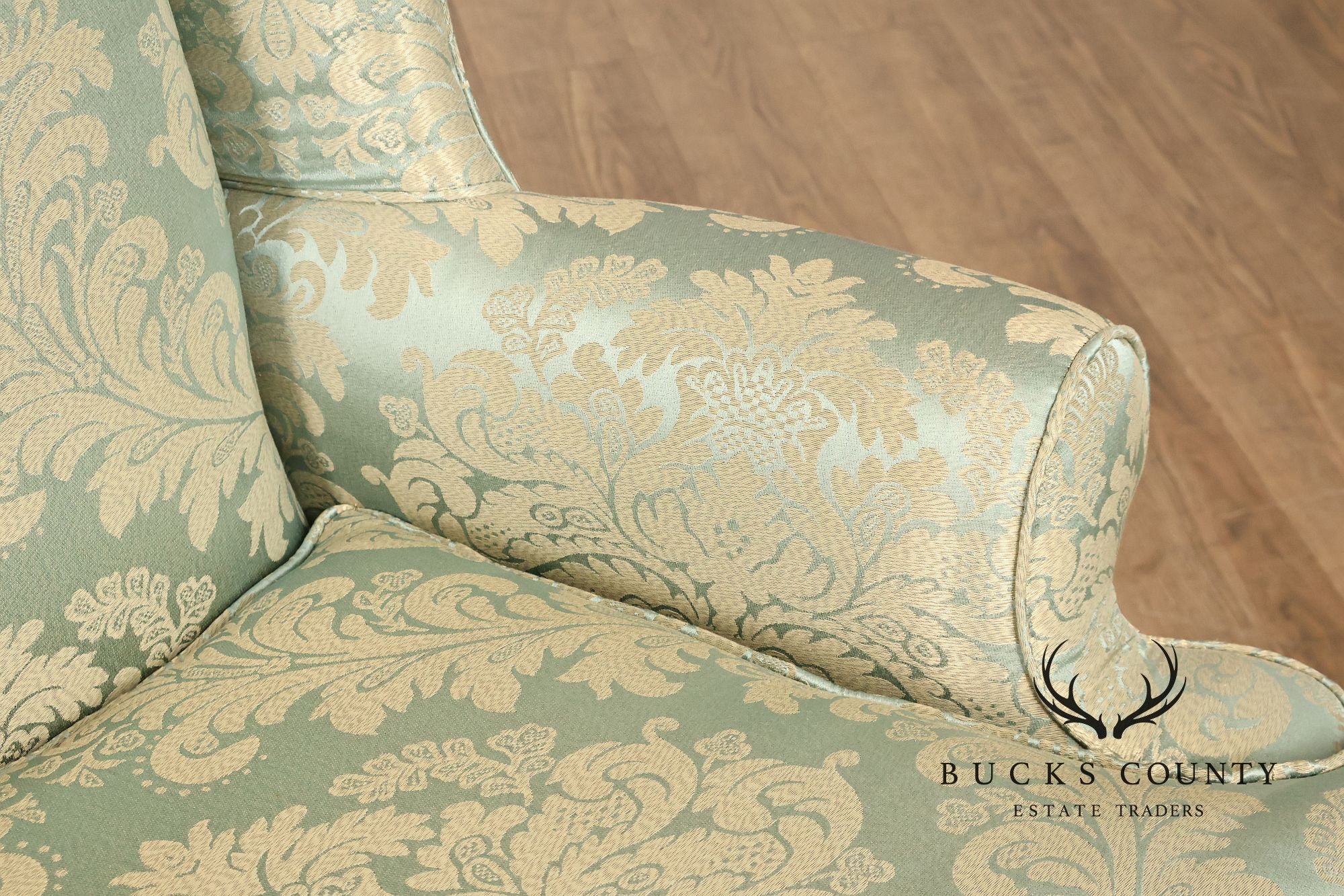 Quality Vintage Pair Of High Back Damask Upholstered Wing Chairs