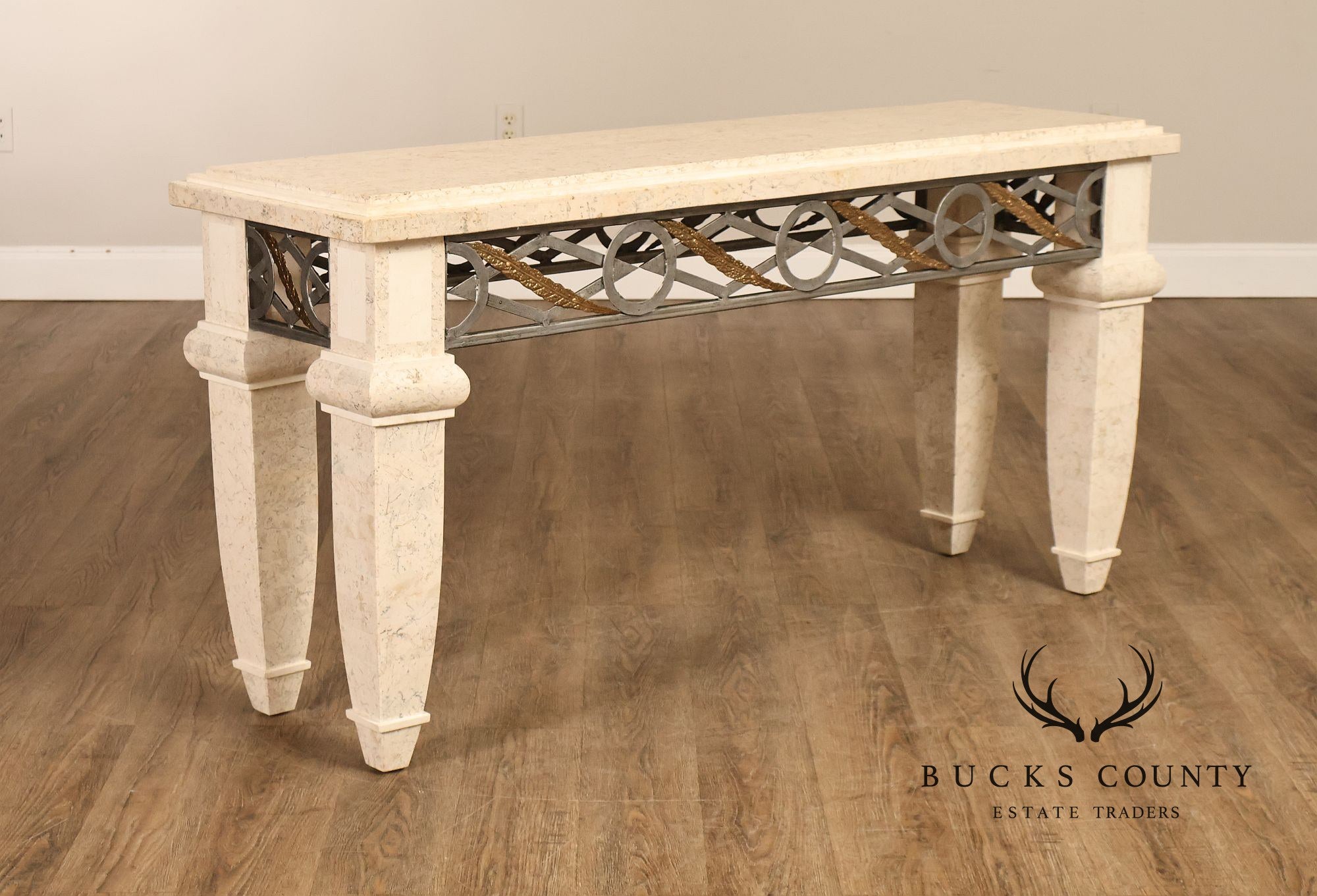 Neoclassical Style Travertine Console Table With Metal Stretcher