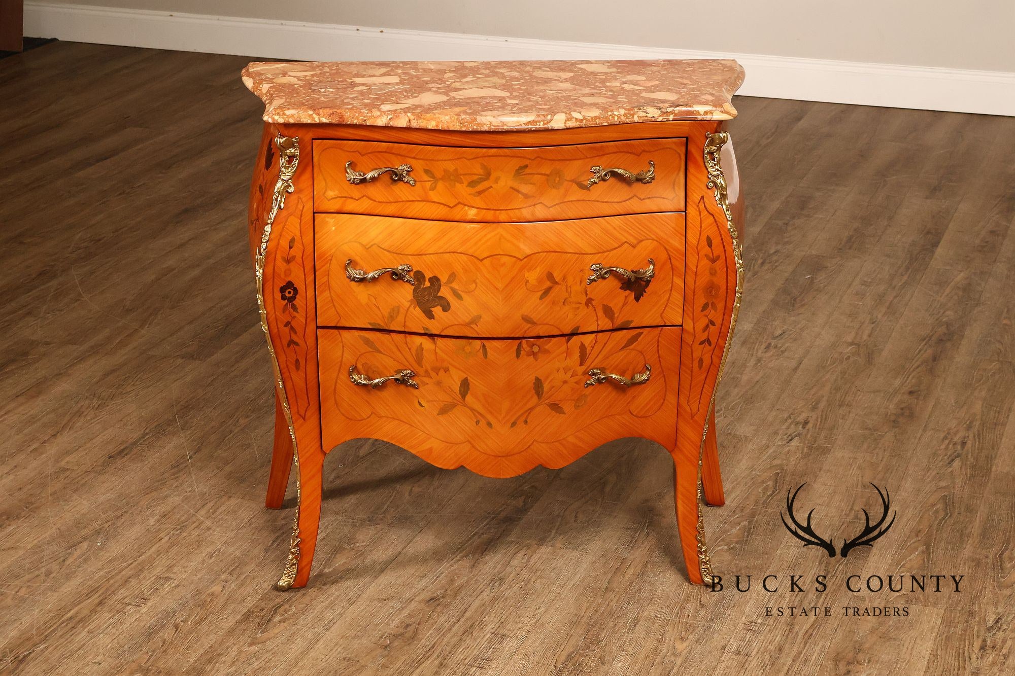 Italian Louis XV Style Marquetry Inlaid Marble Top Bombe Chest Commode