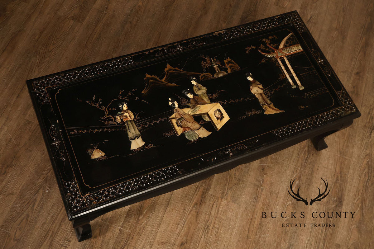 Asian Inspired Black Lacquer Coffee Table With Figural Inlay