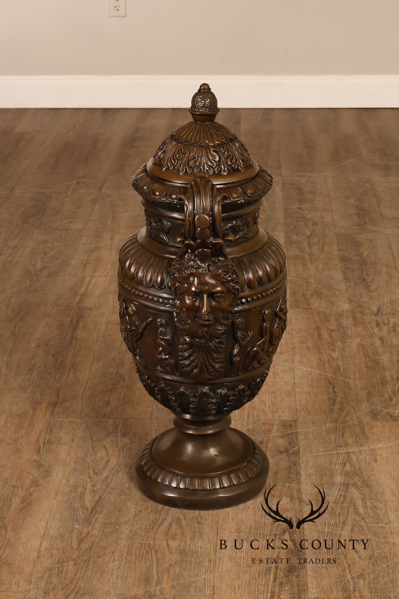 Neoclassical Style Large Pair Of Cast Bronze Covered Urns With Figural Relief