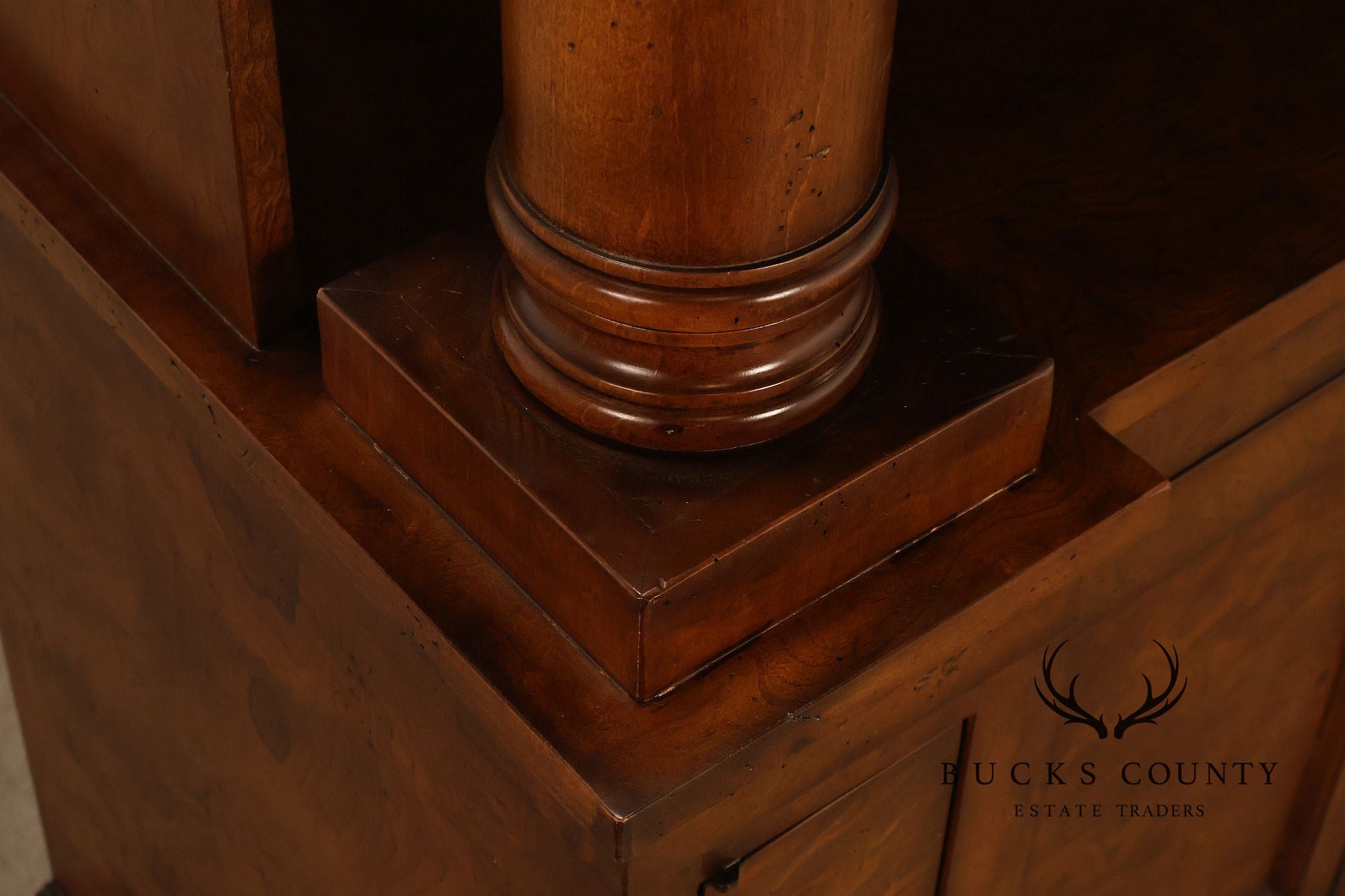 Large Classical Style Burl Wood Open Bookcase With Corinthian Columns