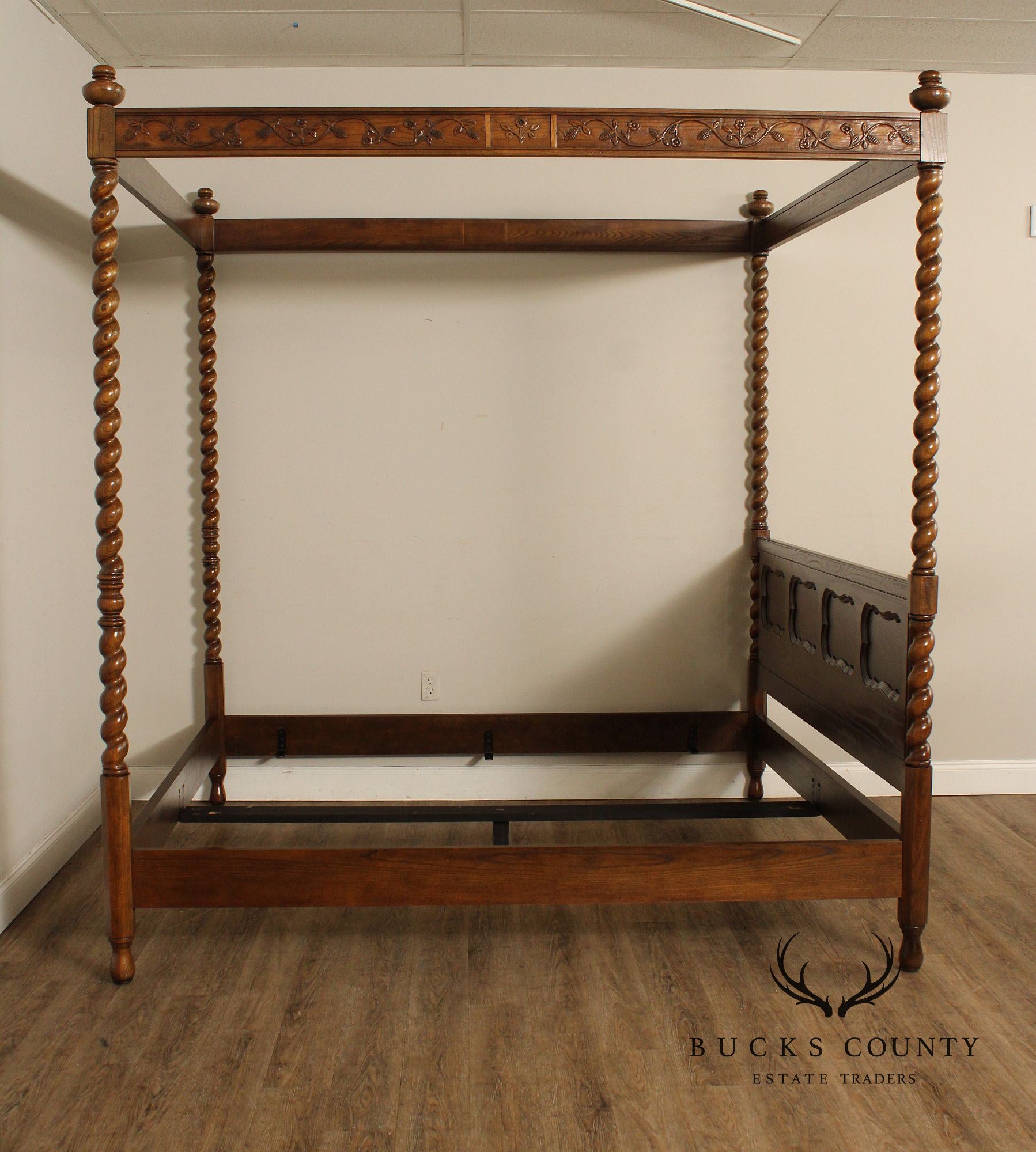 Baker Barley Twist Carved Oak King Size Canopy Poster Bed