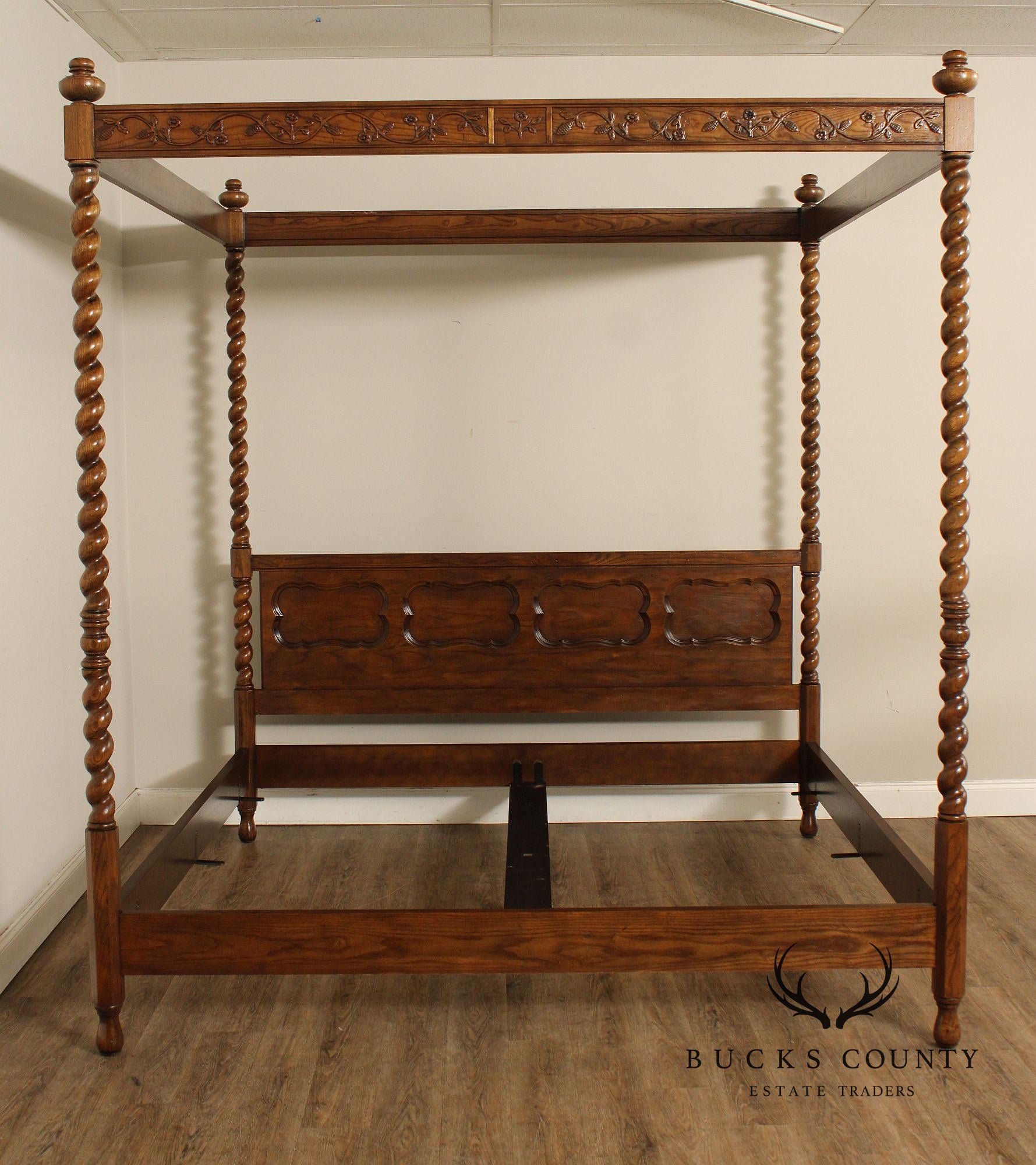 Baker Barley Twist Carved Oak King Size Canopy Poster Bed