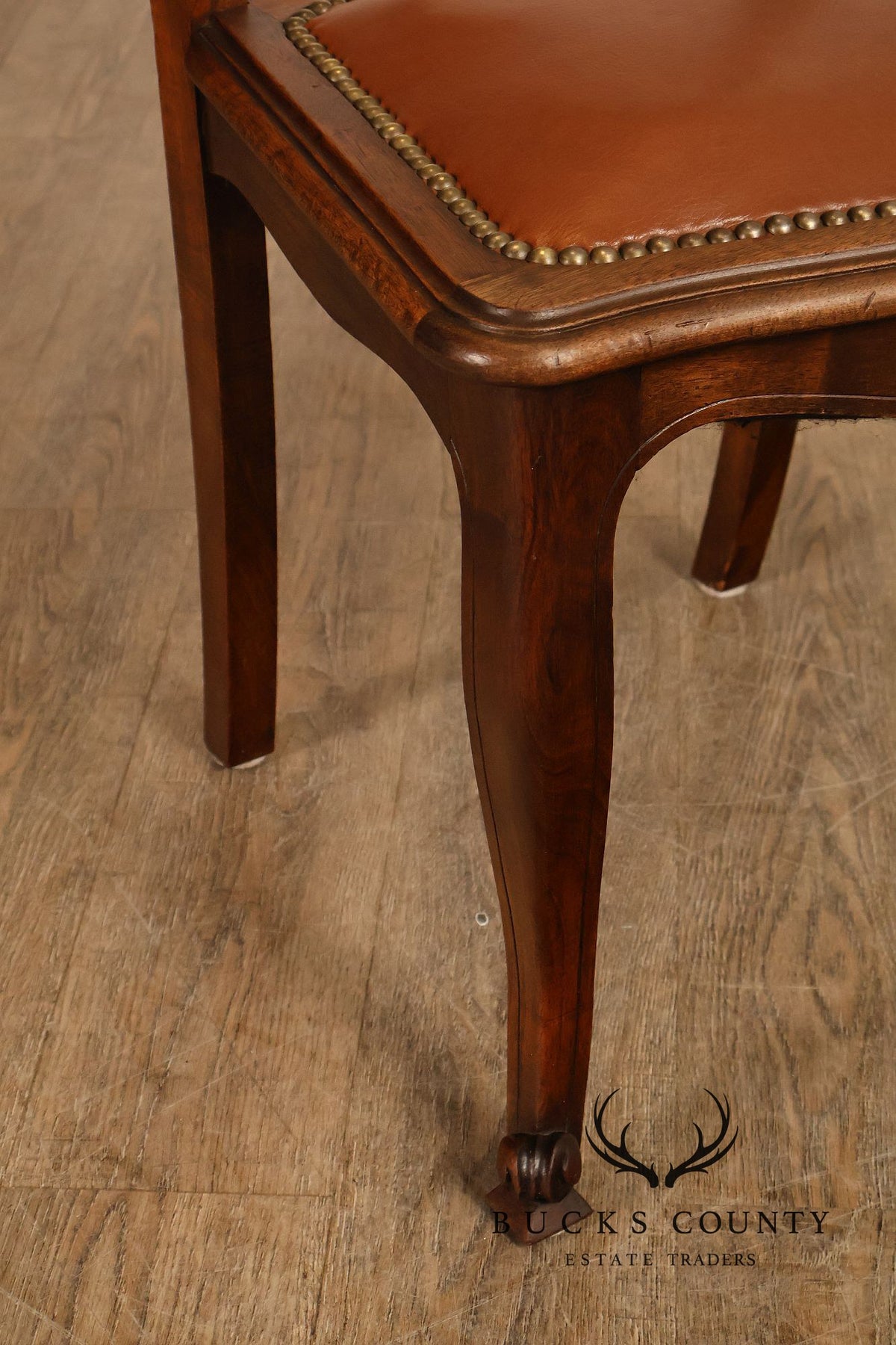 French Country Antique Set Of Eight Walnut And Leather Ladder Back Dining Chairs