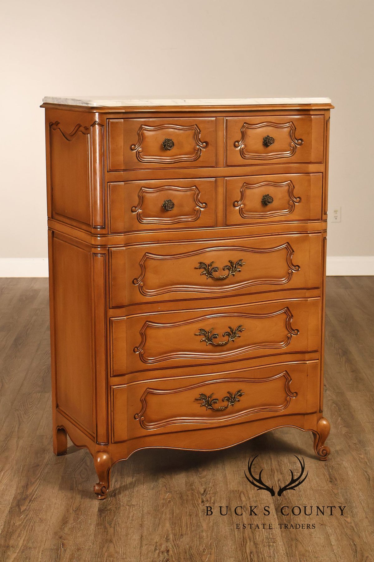 French Provincial Style Marble Top Tall Chest Of Drawers