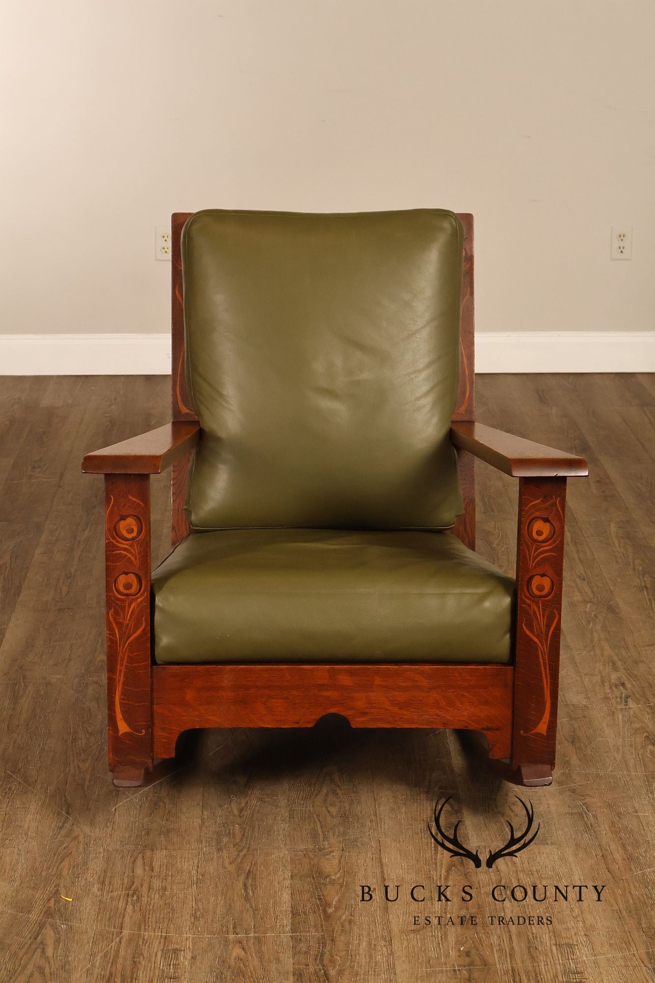 Early Rare Antique Stickley Brothers Arts And Crafts Inlaid Peacock Rocking Chair