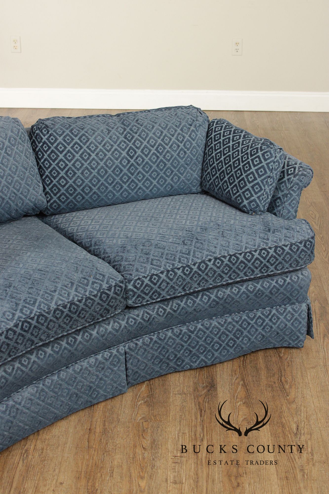 Custom Upholstered Blue Diamond Pattern Curved Loveseat