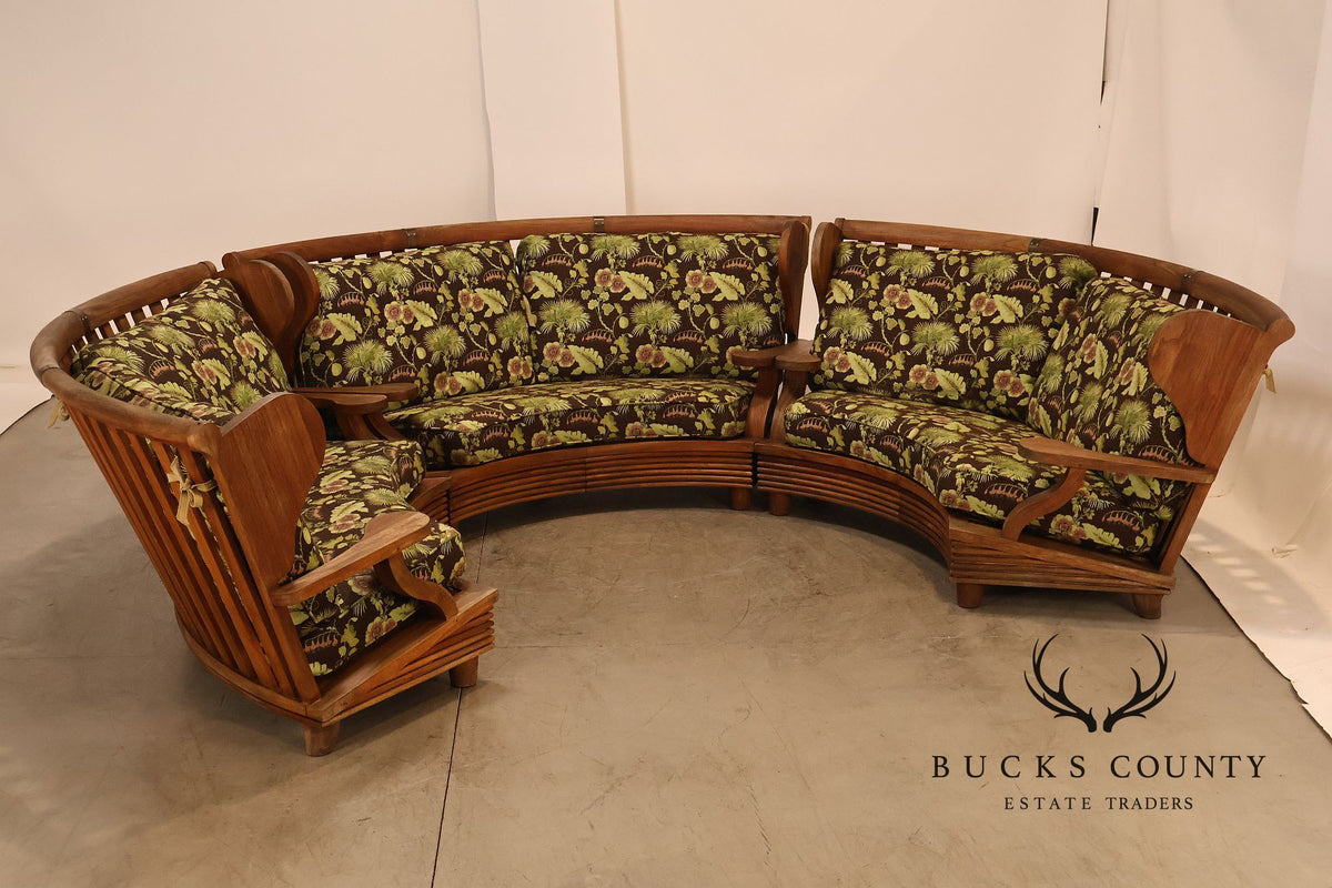 Curved Teak Modular Sofa With Floral Upholstery