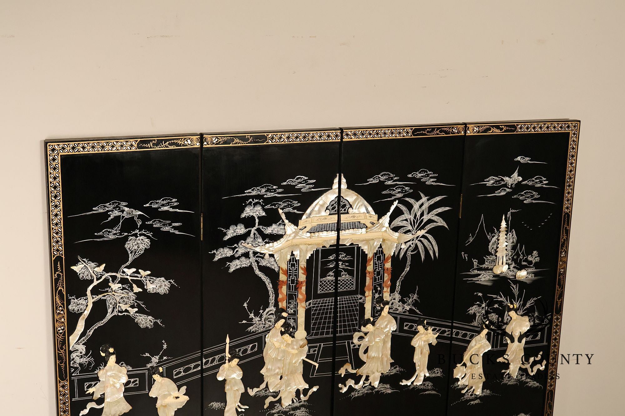 Asian Black Lacquer Vintage Pair Of Four Panel Folding Screens With Mother Of Pearl Inlay