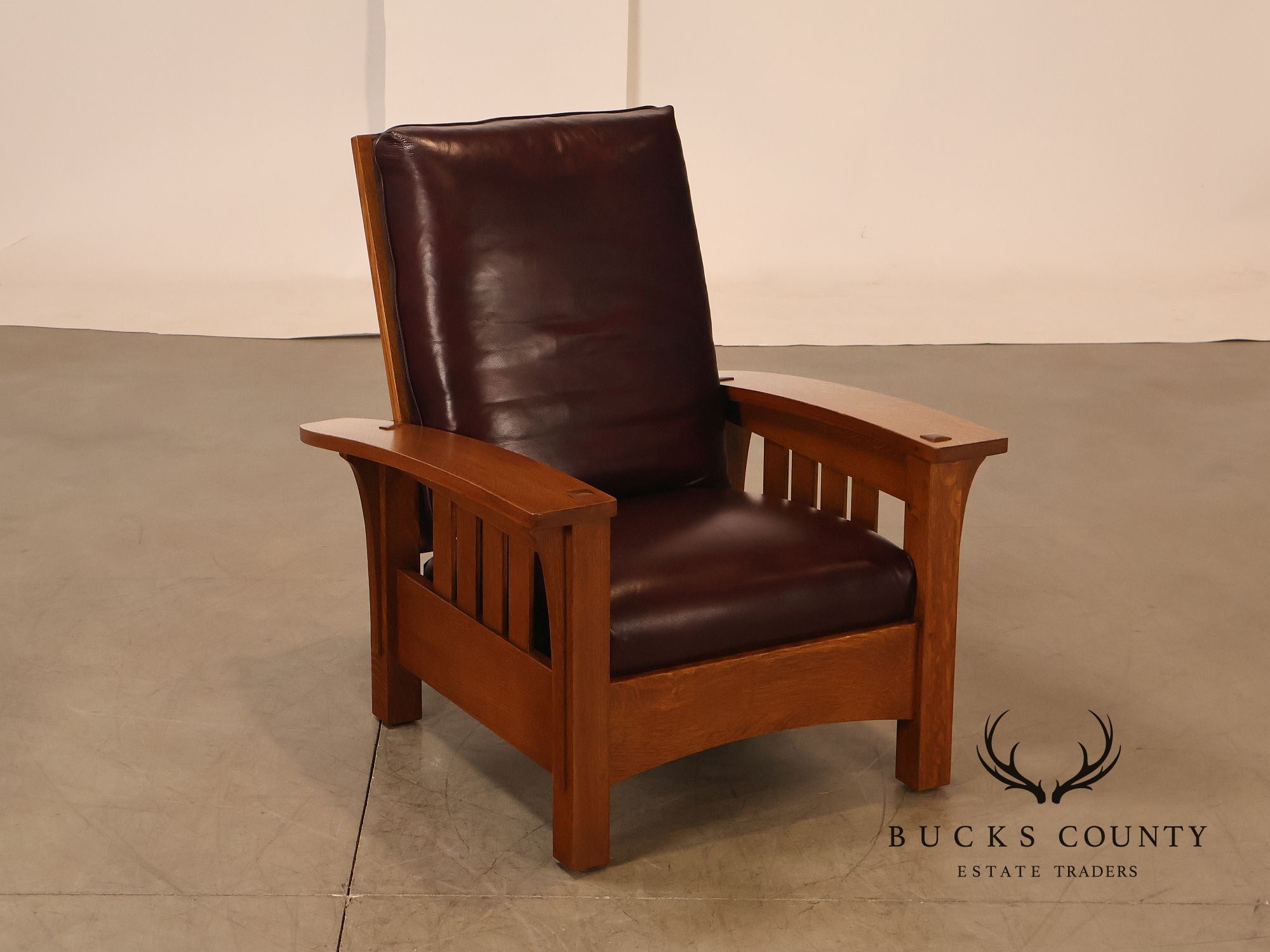 Stickley Mission Collection Pair Of Oak & Leather Bow Arm Morris Chairs