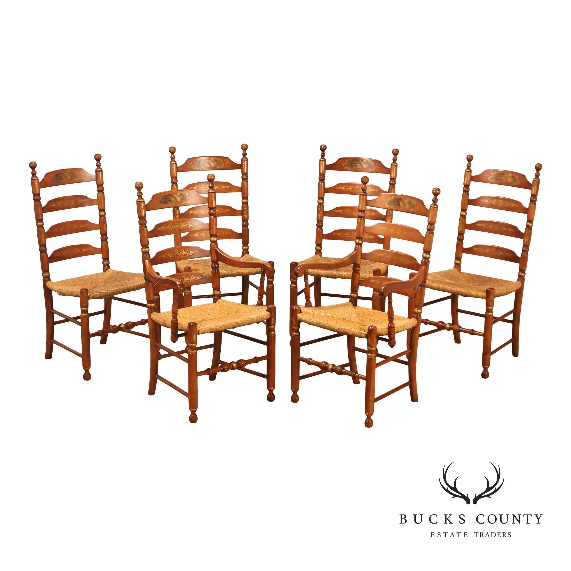L. Hitchcock Set Of Six Rush Seat Dining Chairs with Stenciled Back