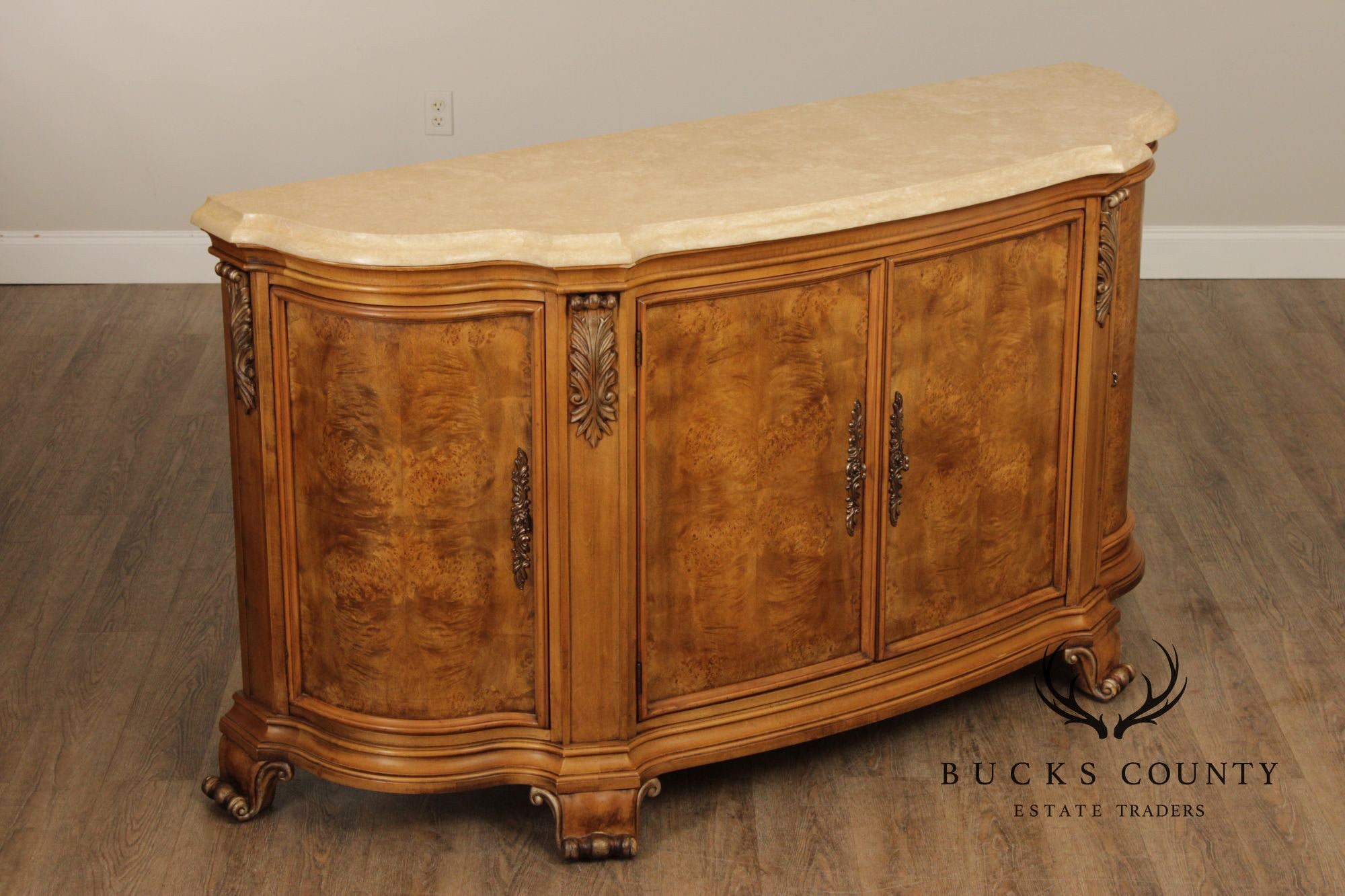 Henredon Burl Wood Marble Top Sideboard Buffet Cabinet