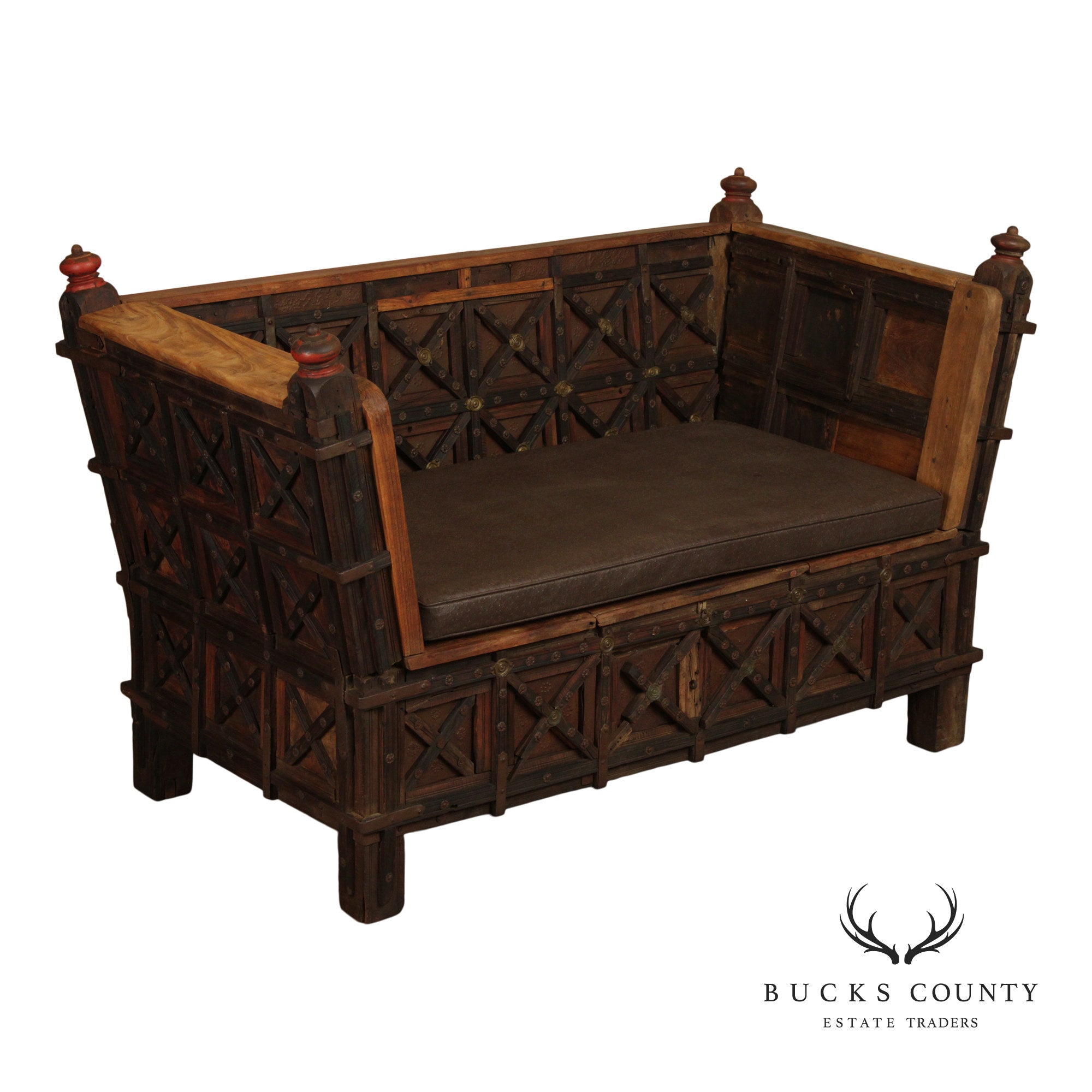 Antique Indian Teak Dowry Chest Settee