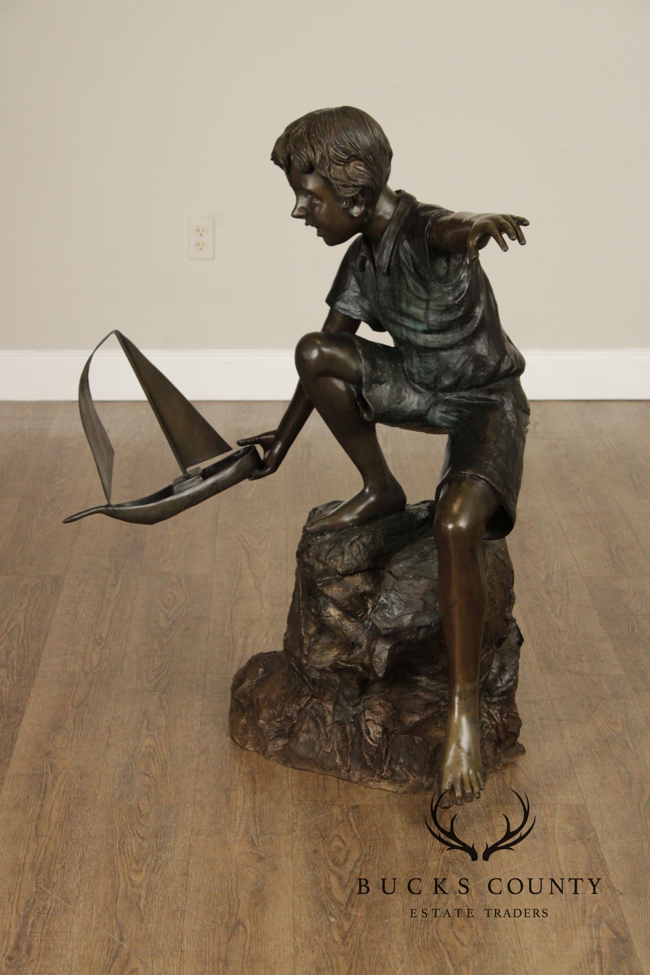 Bronze Life Size Garden Statue Of Boy With Sail Boat