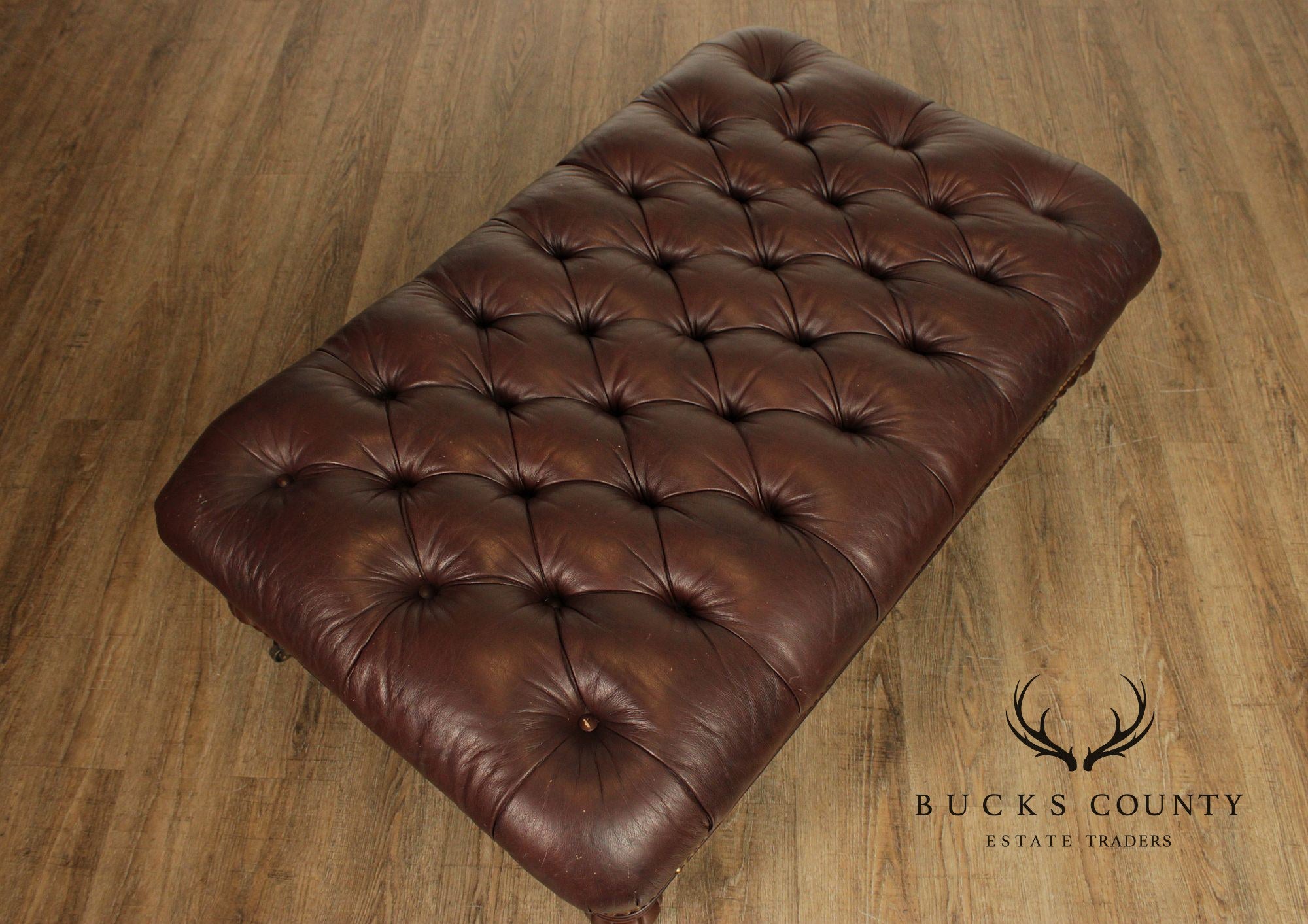 English Regency Style Tufted Leather Cocktail Ottoman On Turned Legs