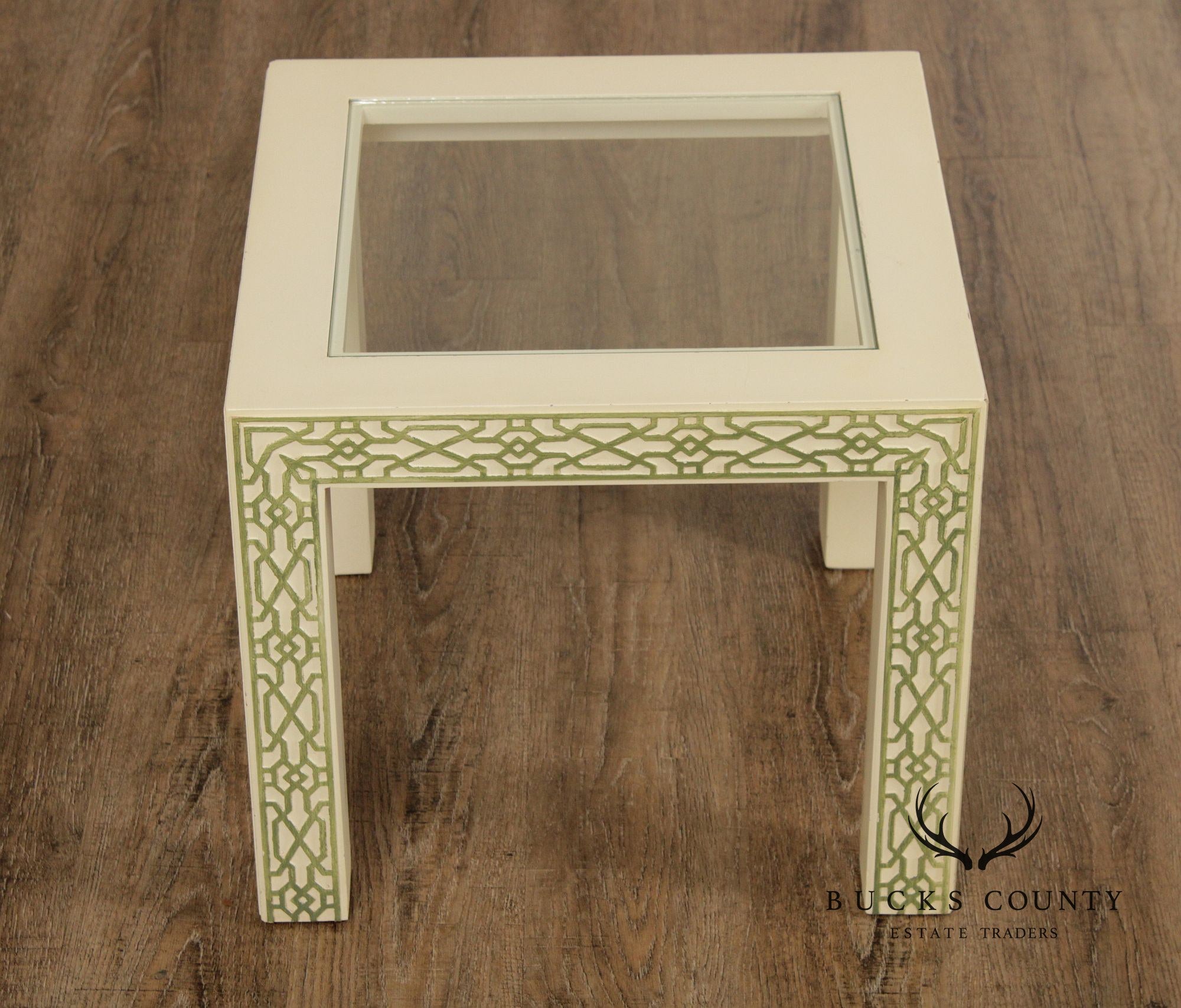 Hollywood Regency Pair Of Lacquered Greek Key Glass Top End Tables