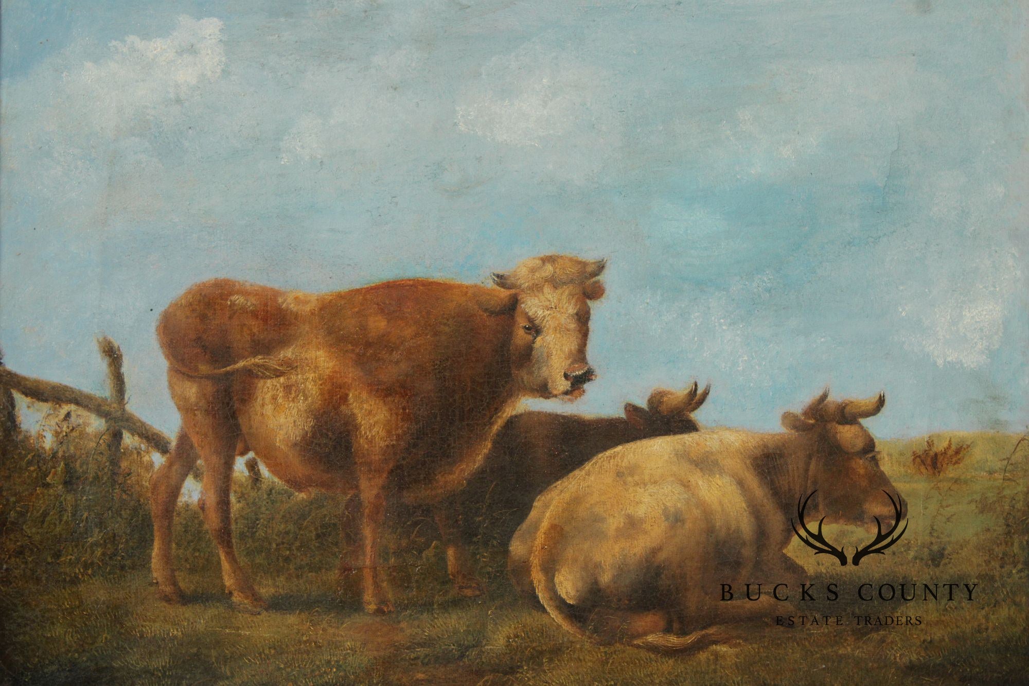 Antique European School Oil Painting, Cattle Grazing