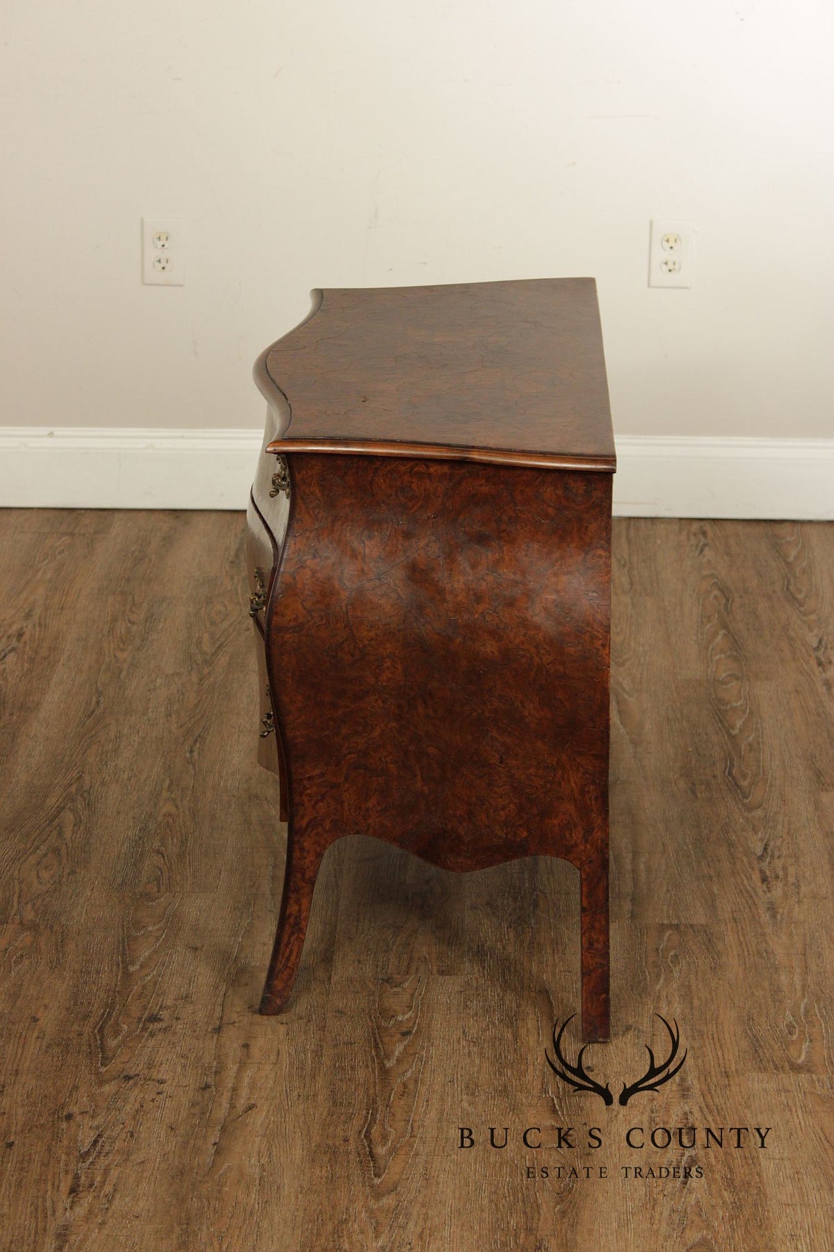 Vintage Louis XV Style Burlwood Bombe Three-Drawer Commode Chest