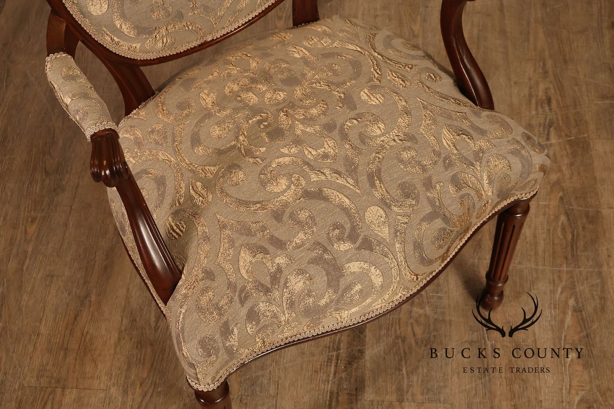 Hepplewhite Inspired Set Of Eight Mahogany Carved Oval Back Dining Chairs